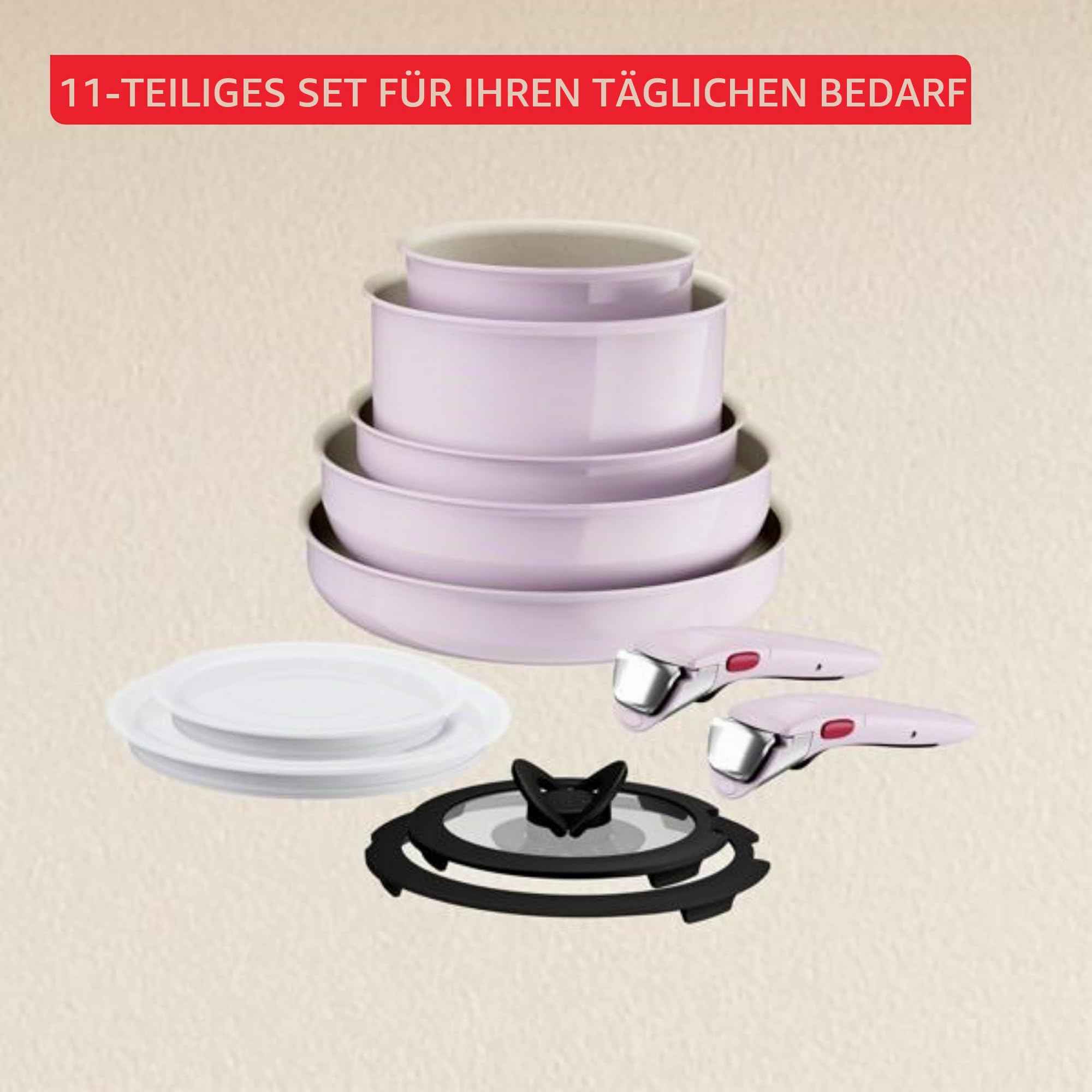 Tefal Ingenio Serenity Kochgeschirr, 11-teilig, Komplett-Edition, Antihaftbeschichtung, Induktion, stapelbar, Pink Clay, L830SB04