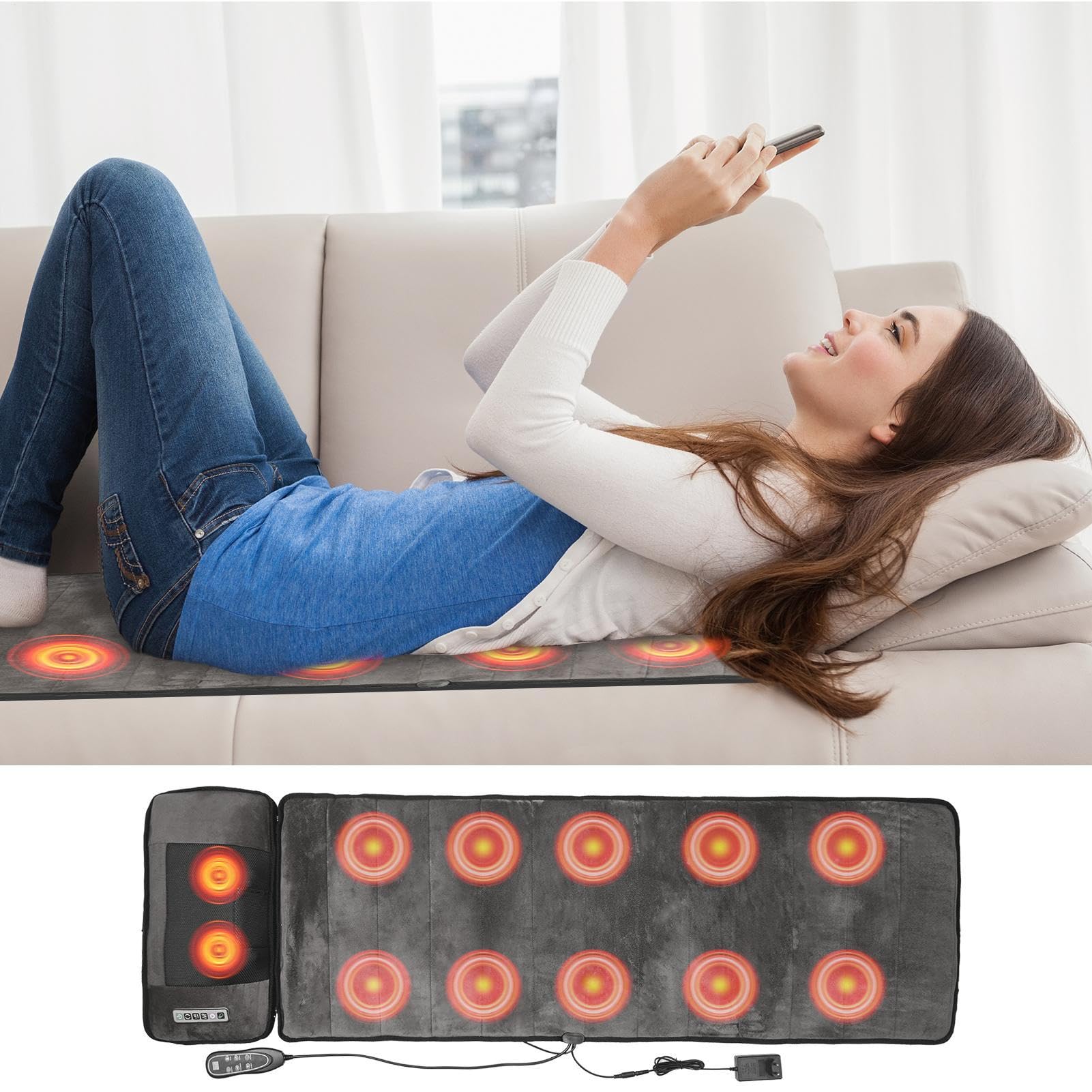 Tappetino Massaggiante Per Tutto Il Corpo 50x165 Cm,Materasso Massaggiante Intelligente A 9 Velocità Con Cuscino Lombare Gonfiabile E Telecomando,Massaggiatore Per Collo E Spalle Per Alleviare