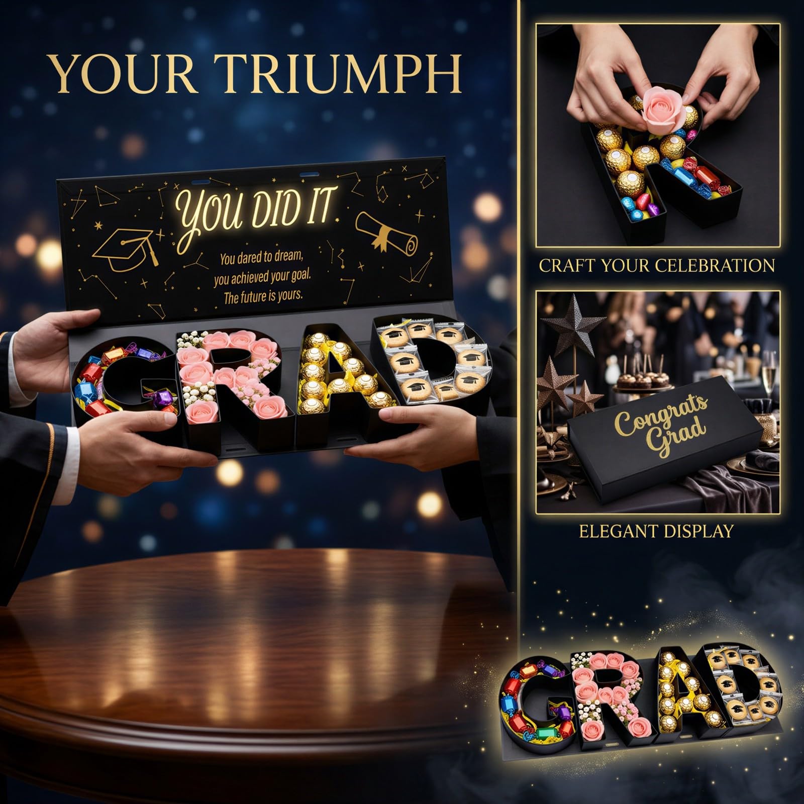 Geschenkbox zum Abschluss 2026, GRAD-Buchstabenform, befüllbare Box für Süßigkeiten und Blumen, DIY-Geschenkidee mit goldenem Glitzer-Congrats-Grad-Deckel und Band für Partydeko