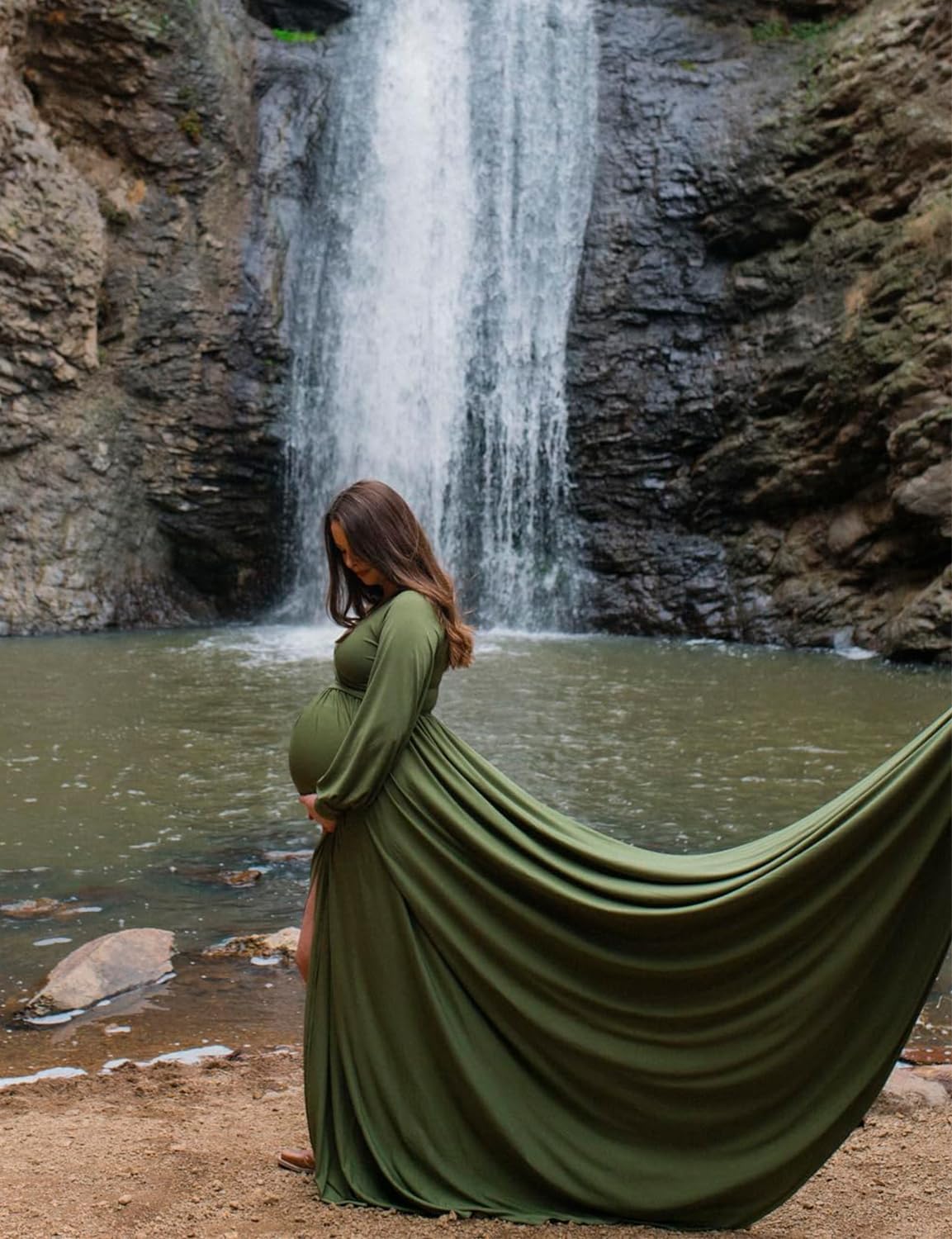 Maternity Gown Bishop Sleeves Baby Shower Dress Wrap Side Slit Sweetheart Maxi Photo Shoot for Photography - Image 6