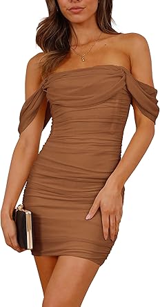 PRETTYGARDEN Cocktail Dresses 2025 Summer Off Shoulder Sexy Bodycon Ruched Mesh Graduation Wedding Guest Mini Short Dress