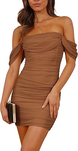 PRETTYGARDEN Cocktail Dresses 2025 Summer Off Shoulder Sexy Bodycon Ruched Mesh Graduation Wedding Guest Mini Short Dress