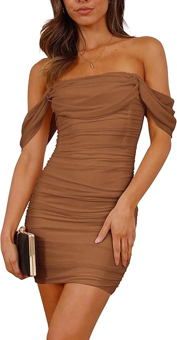 PRETTYGARDEN Cocktail Dresses 2025 Summer Off Shoulder Sexy Bodycon Ruched Mesh Graduation Wedding Guest Mini Short Dress