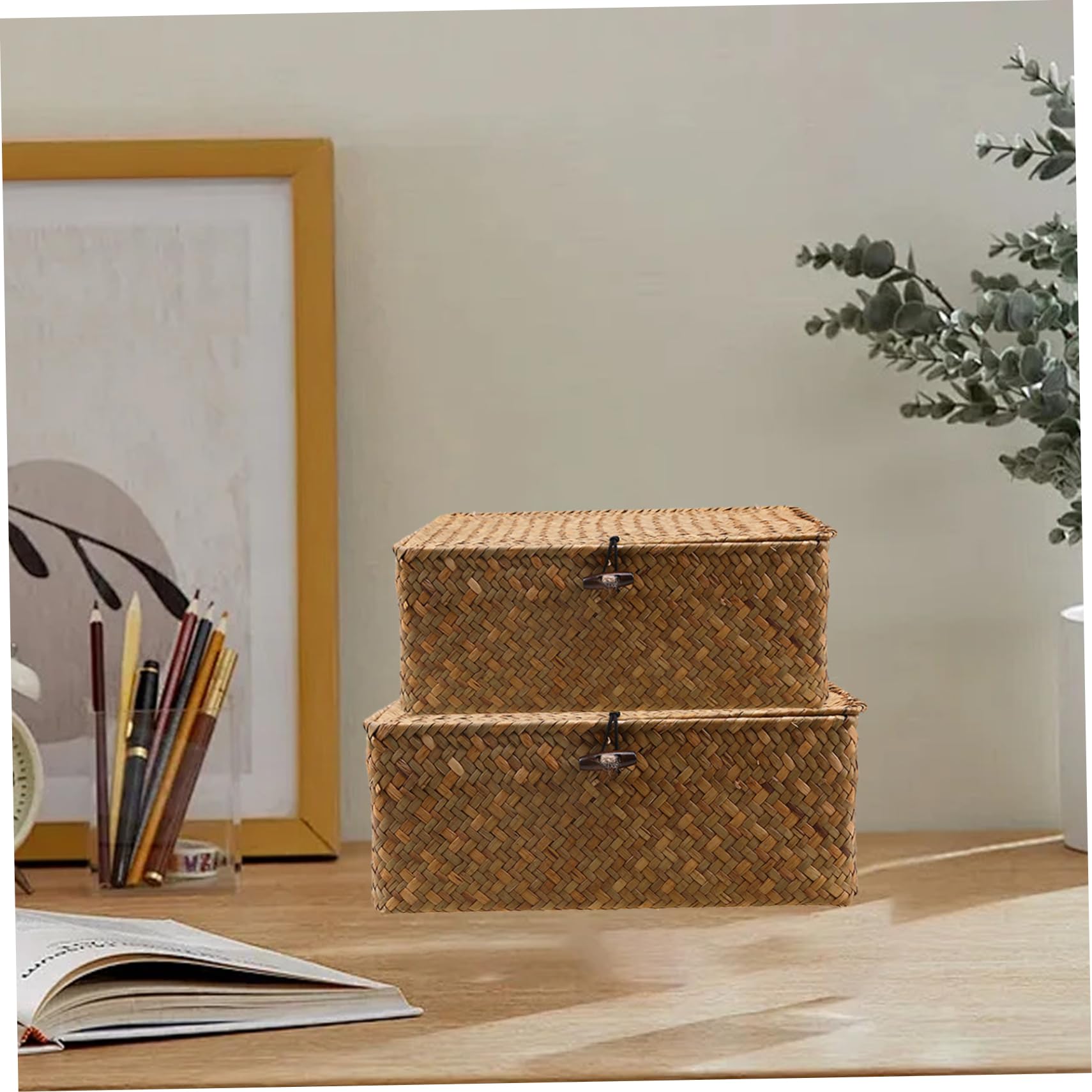 2 cestas de almacenamiento con tapa de 10 x 6 x 4 y 9 5 3 pulgadas, cestas de almacenamiento de pasto marino fijadas con alambre, cesta tejida con cerradura de madera para almacenar decoración