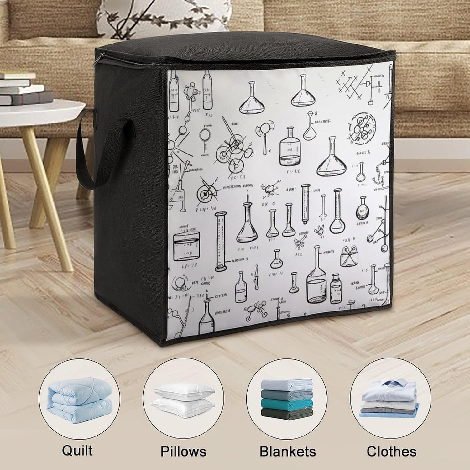 Quilt Storage Bag,Chemistry Print Printed Large Foldable Storage Container Portable Travel Storage Bag for Blankets, Quilts, Clothes, Comforter, Bedding And Pillows