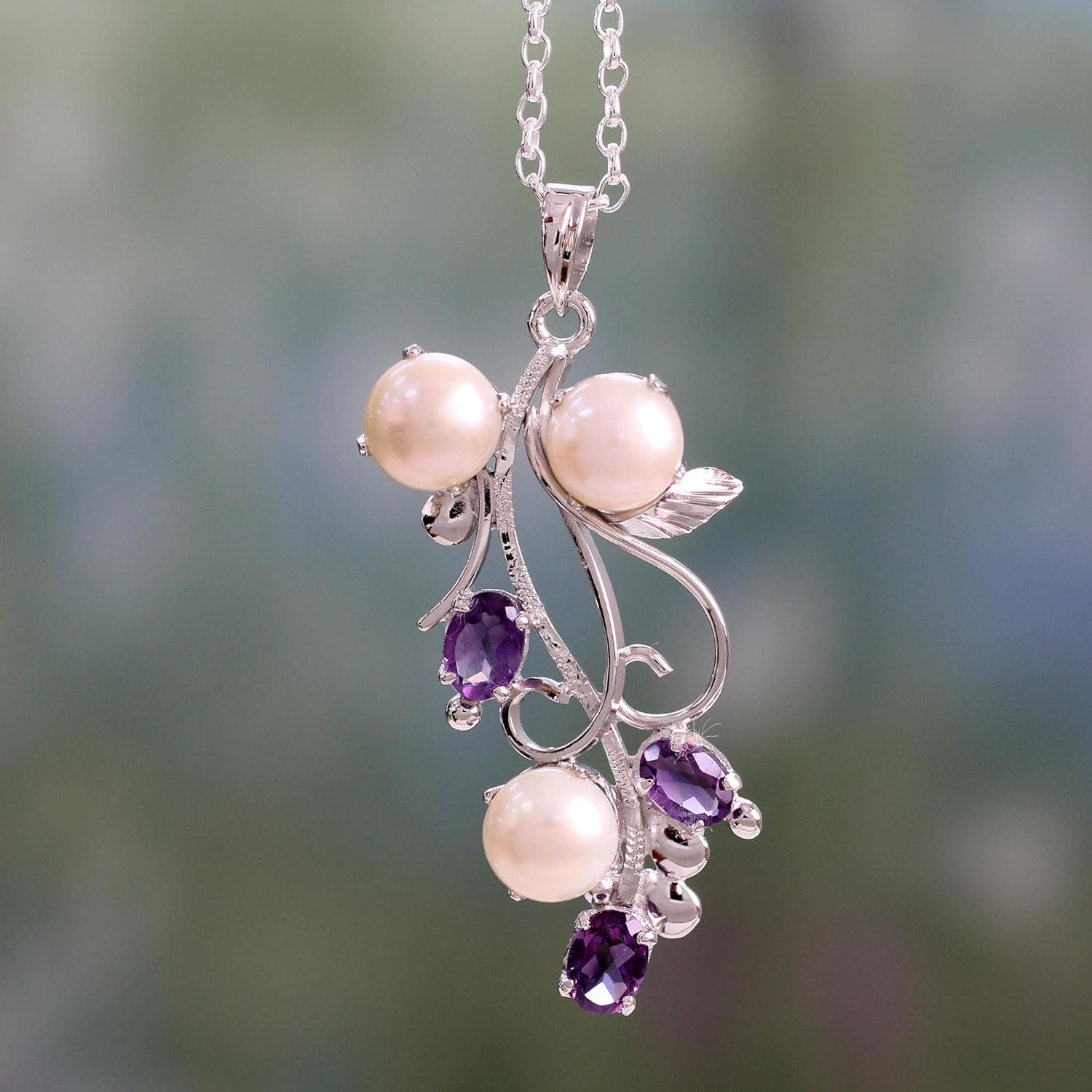 NOVICA Artisan Handmade Amethyst Cultured Pearl Pendant Necklace in Silver with Amethysts Pearls Sterling Rhodium Plated Freshwater Purple White India Birthstone [18 in L 2 mm W Pendant(s) 2 in L x 0]