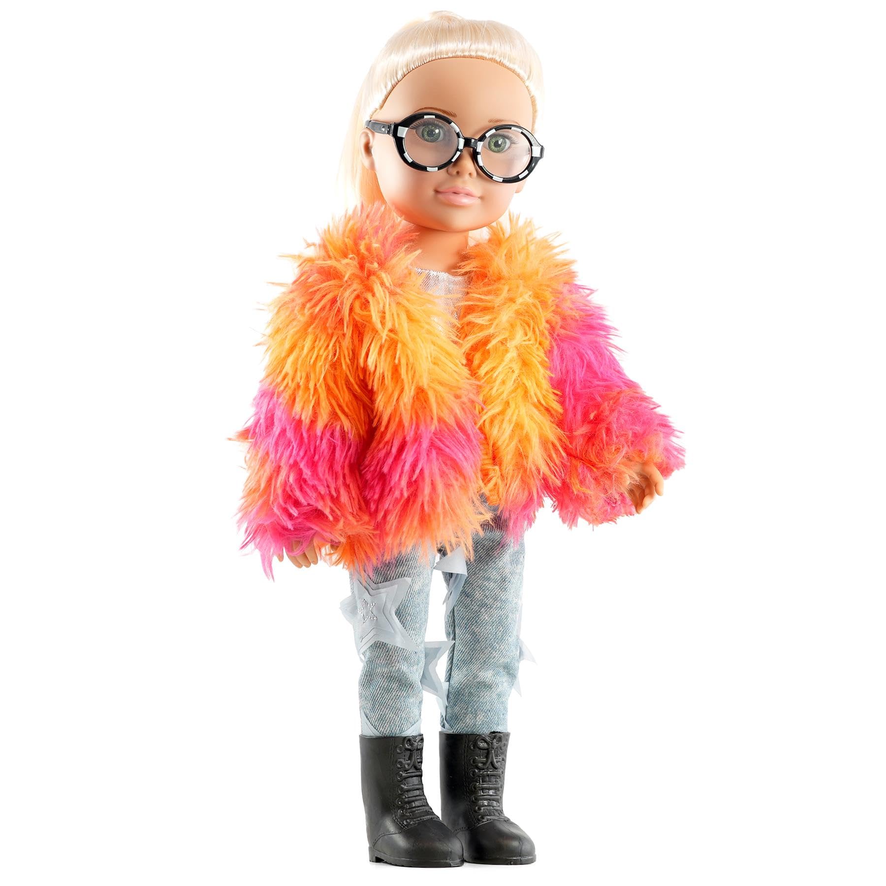 Bibi Doll 17" Fashion Doll American Style Baby Girl Doll With Glasses And Stylish Outfit - Rotating Head For Hair Styling - Realistic And Moveable Baby Dolls for Girls Age 3 And Above