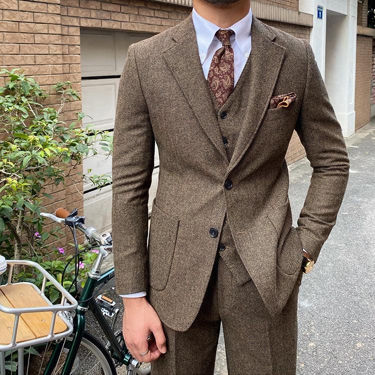 3 Piece Suit Tweed Herringbone Men's Suits Slim Fit Groom Tuxedos Set Prom Jacket Blazer Vest Pants4