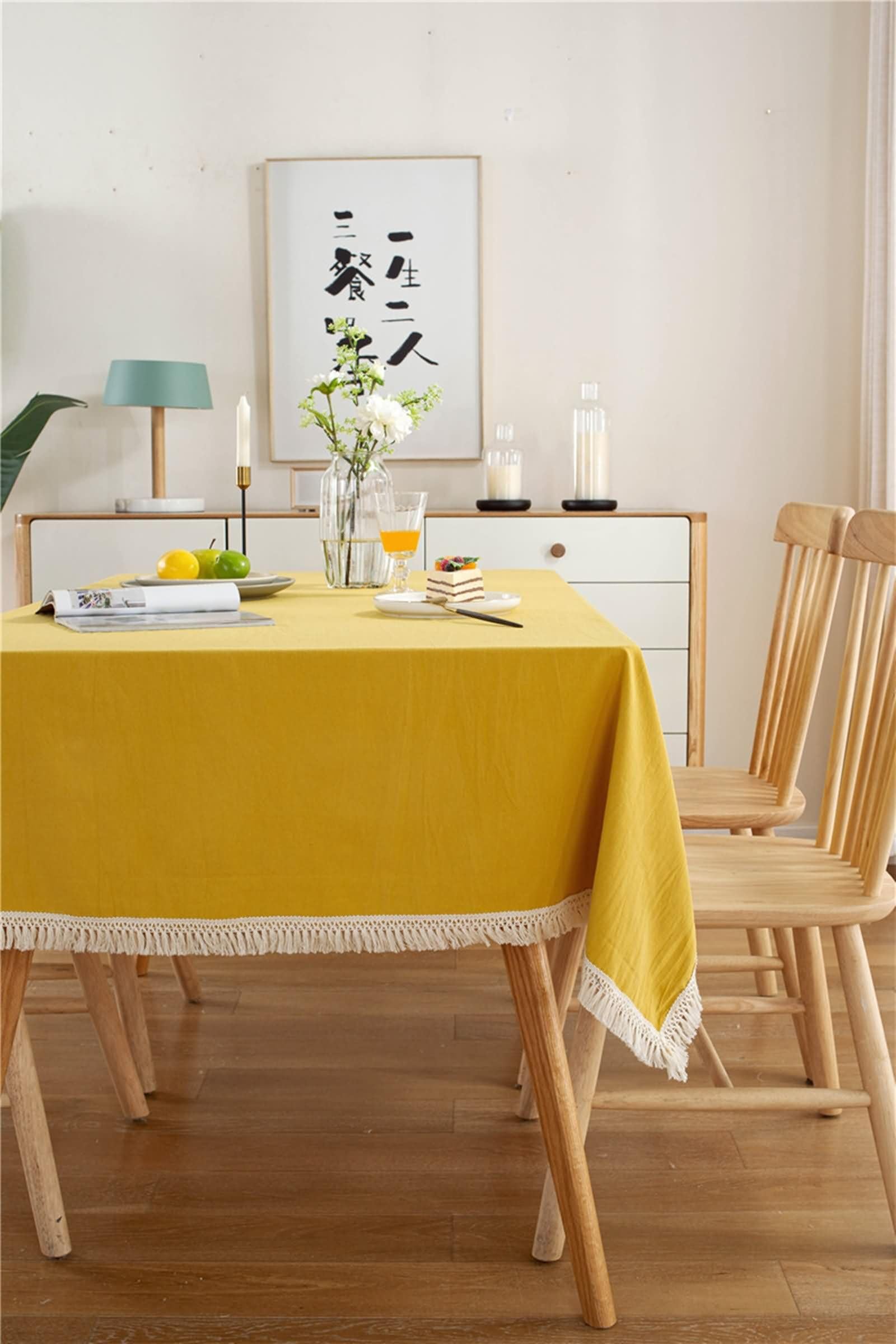 Mantel Rectangular Amarillo, Color Sólido con Borlas, de Algodón Suave, 140 x 250 cm, Mantel para Comedor y Cocina