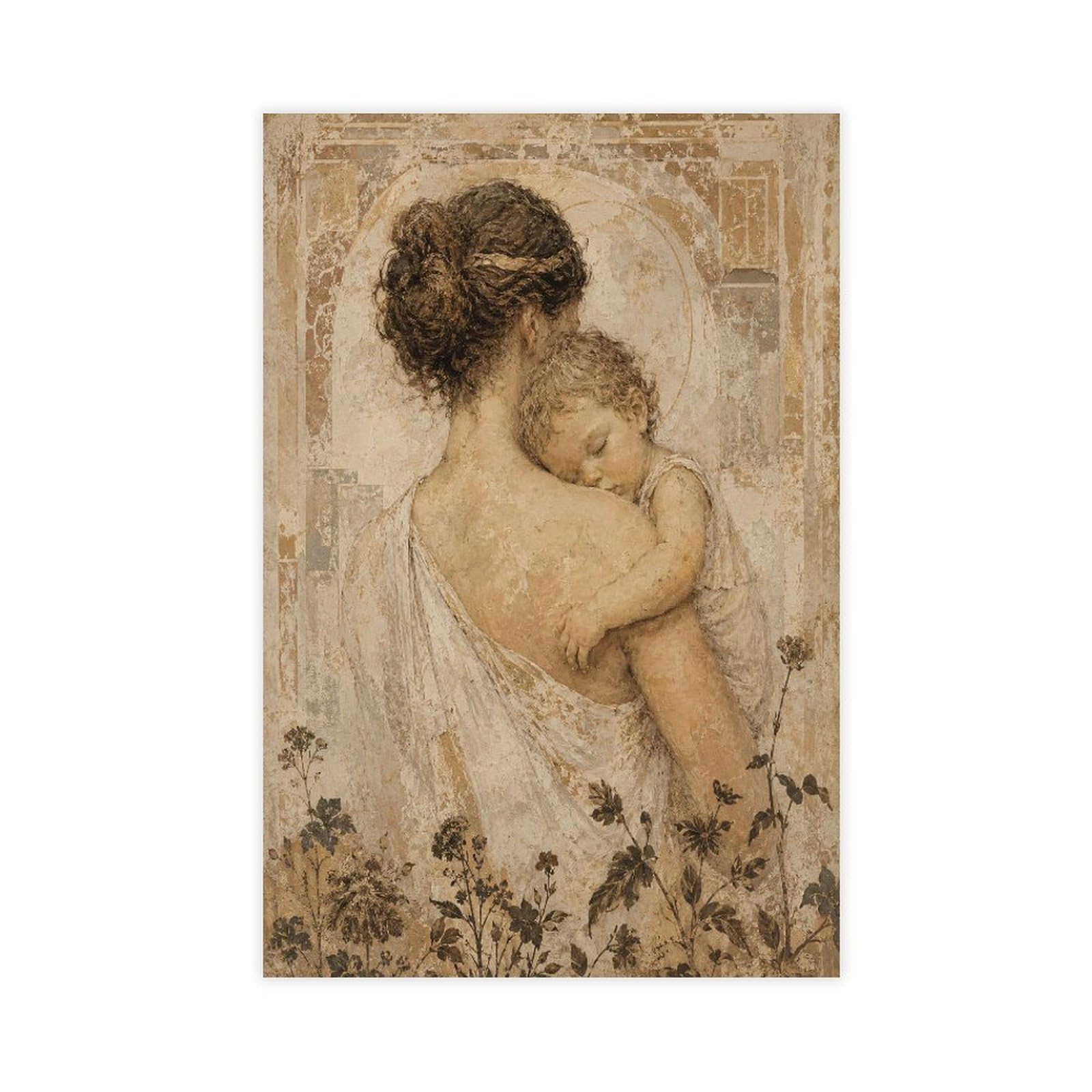 W7c8u2x3 Unframe-Style-18 Mother Holding Child Canvas Wall Art, Sepia Sketch Vintage Poster