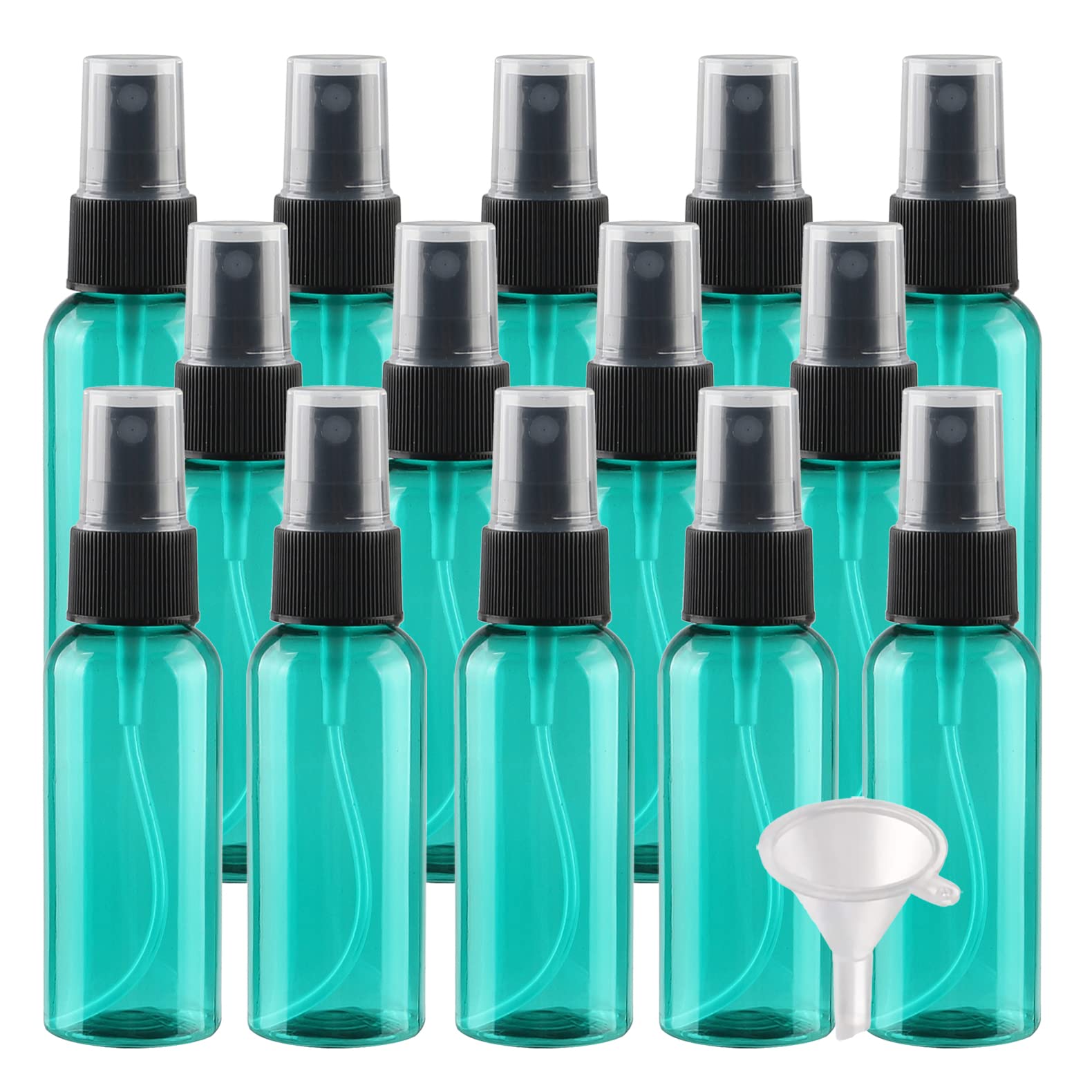 50 Stück Leer 50ml Grün Plastik PET Sprühflasche Reise Zerstäuber mit Schwarz Sprühkopf, Klein Feinen Nebel Parfümzerstäuber Reiseflaschen mit 4x Trichter