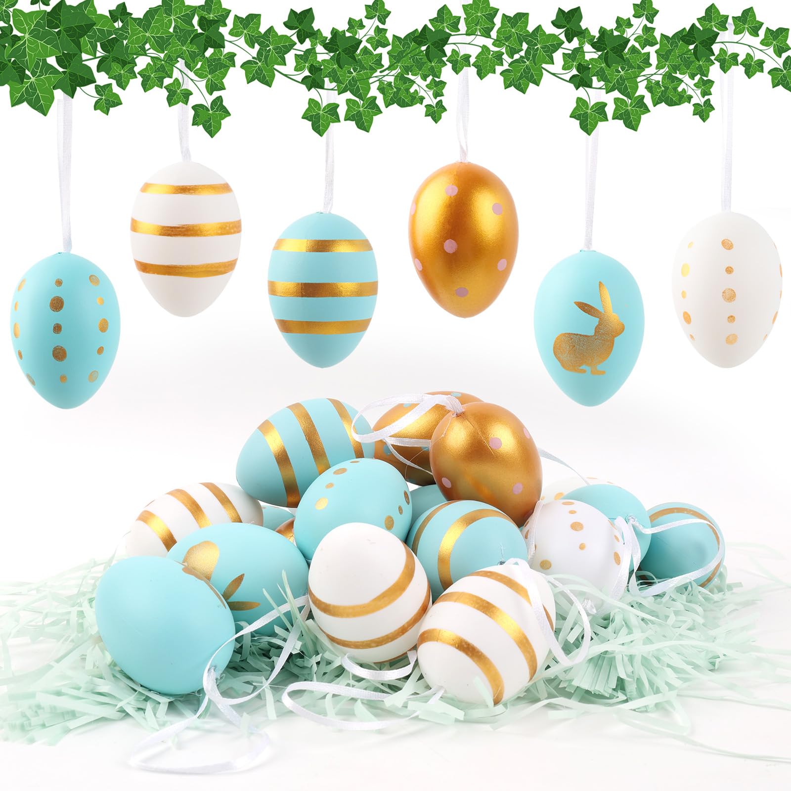 24 Stück Ostereier zum Aufhängen Draussen, Bunte Ostereier Outdoor mit Bast Osterdeko Plastikeier Zum Aufhängen Easter Eggs für Ostern Geschenk Osterjagd Osterbaumschmuck Zuhause Garten Deko, White