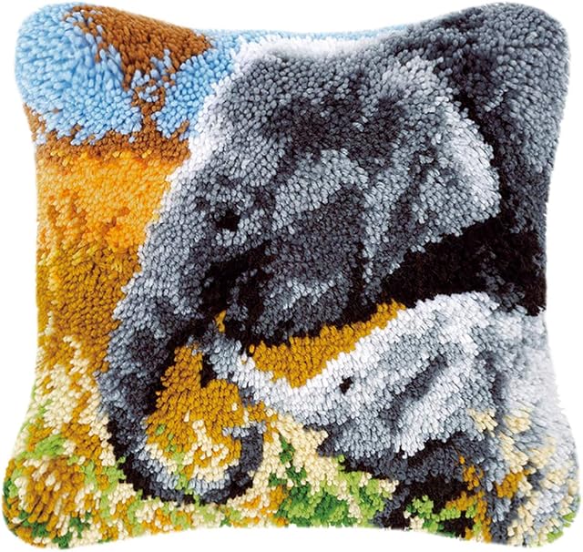 Myriad Choices Latch Hook Kit Embroidery Kit Cushion Throw Pillow Cover for Adults and Beginners, Crochet Needlework Crafts, Elephants, 43 X 43 cm