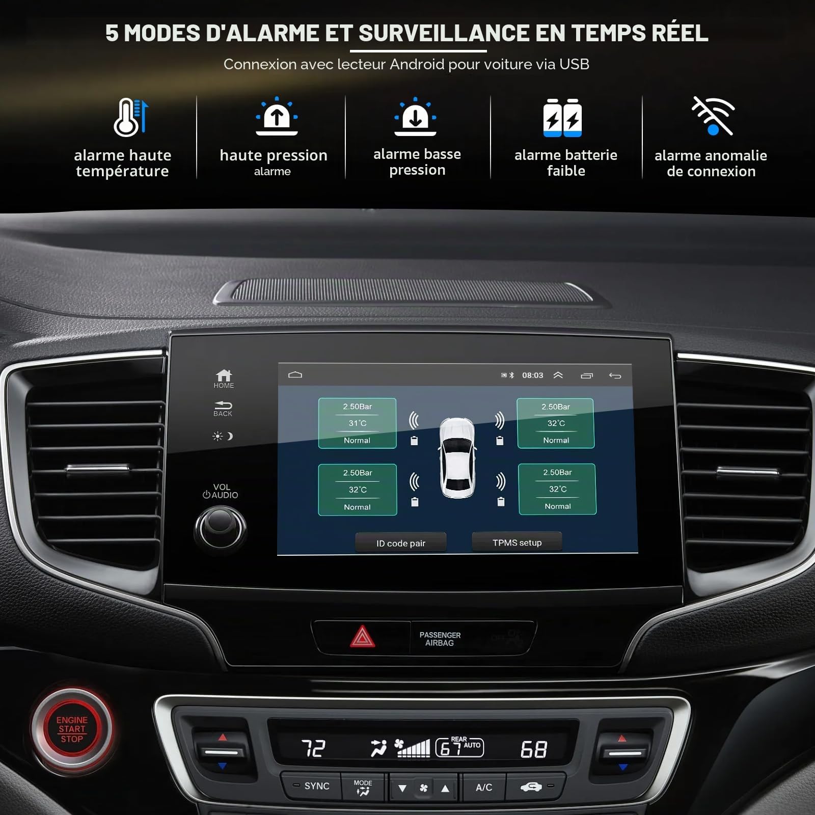 Système de surveillance de la pression des pneus de voiture avec chargement USB, pour affichage de navigation Android, outil de surveillance de la pression des pneus TPMS universel avec 4