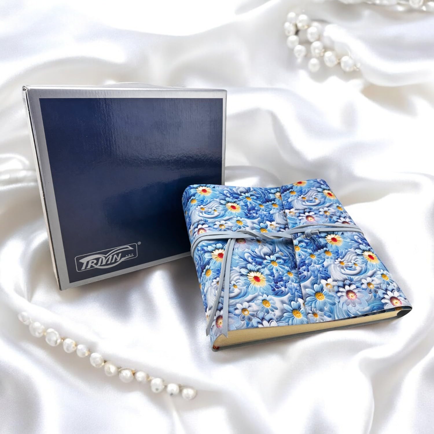 Album fotografico-Double Flower-in tessuto stamp.3D interno in ecopelle LUX personalizzabile,Classico con velina,Matrimonio,Regalo,Wedding,Anniversario (Senza Incisione, Azzurro/Cielo, 23x30)