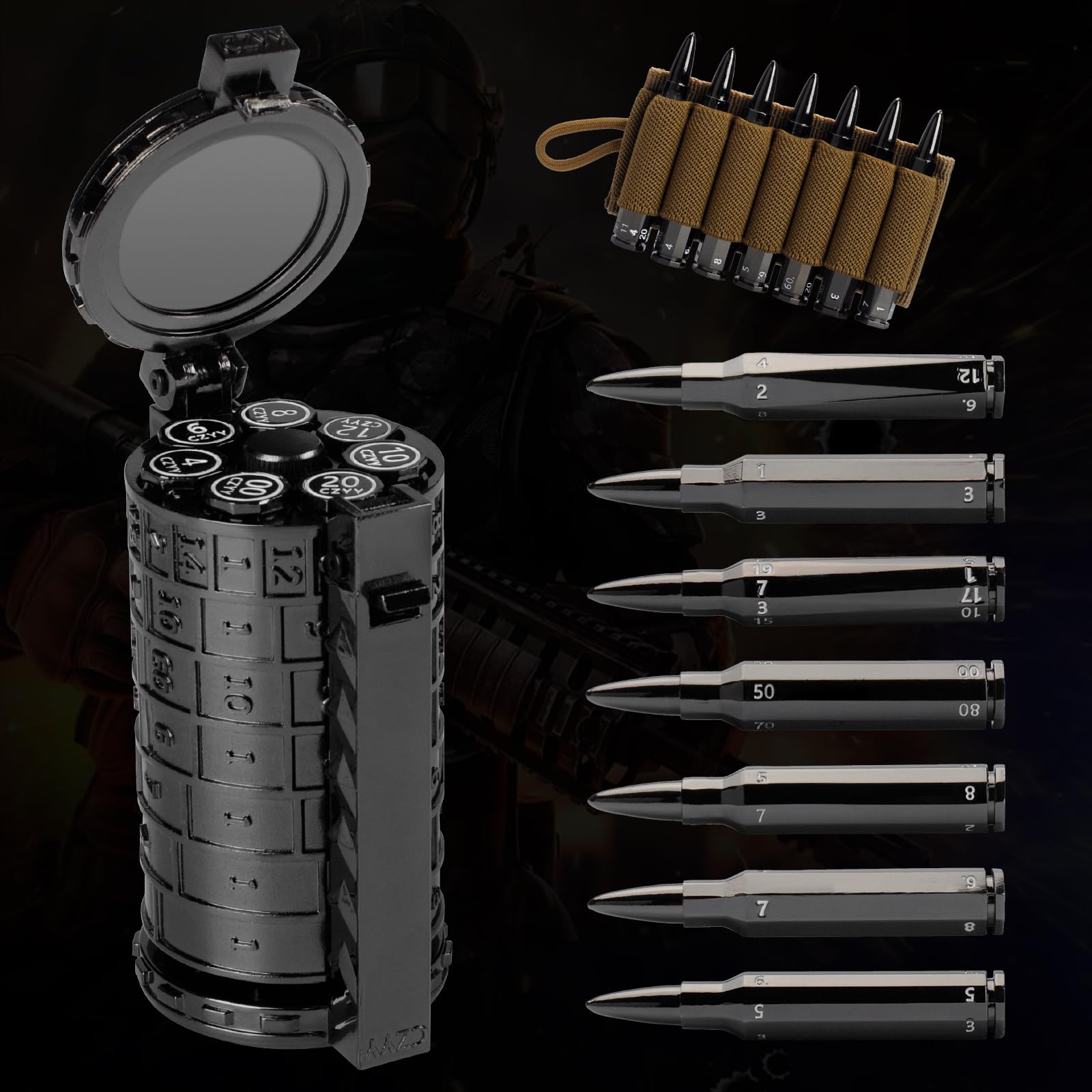 CZYY Rifle Bullet Dice Set - Solid Metal 7 Polyhedral Dice Set with Spinning Container Case & Cartridge Holder Belt - Perfect Role Playing Dice Set for D&D, Tabletop Games (Black)