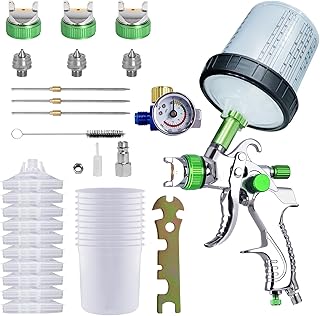 HVLP Lackierpistole Set-Spritzpistole mit 10 Einwegbechern(600ml) und Manometer, Auto-Spritzpistolen-Set mit 3 Düsen(1.4/1.7/2.0 mm),Farbmischung, Schnellbecher für Zuhause(Grün)