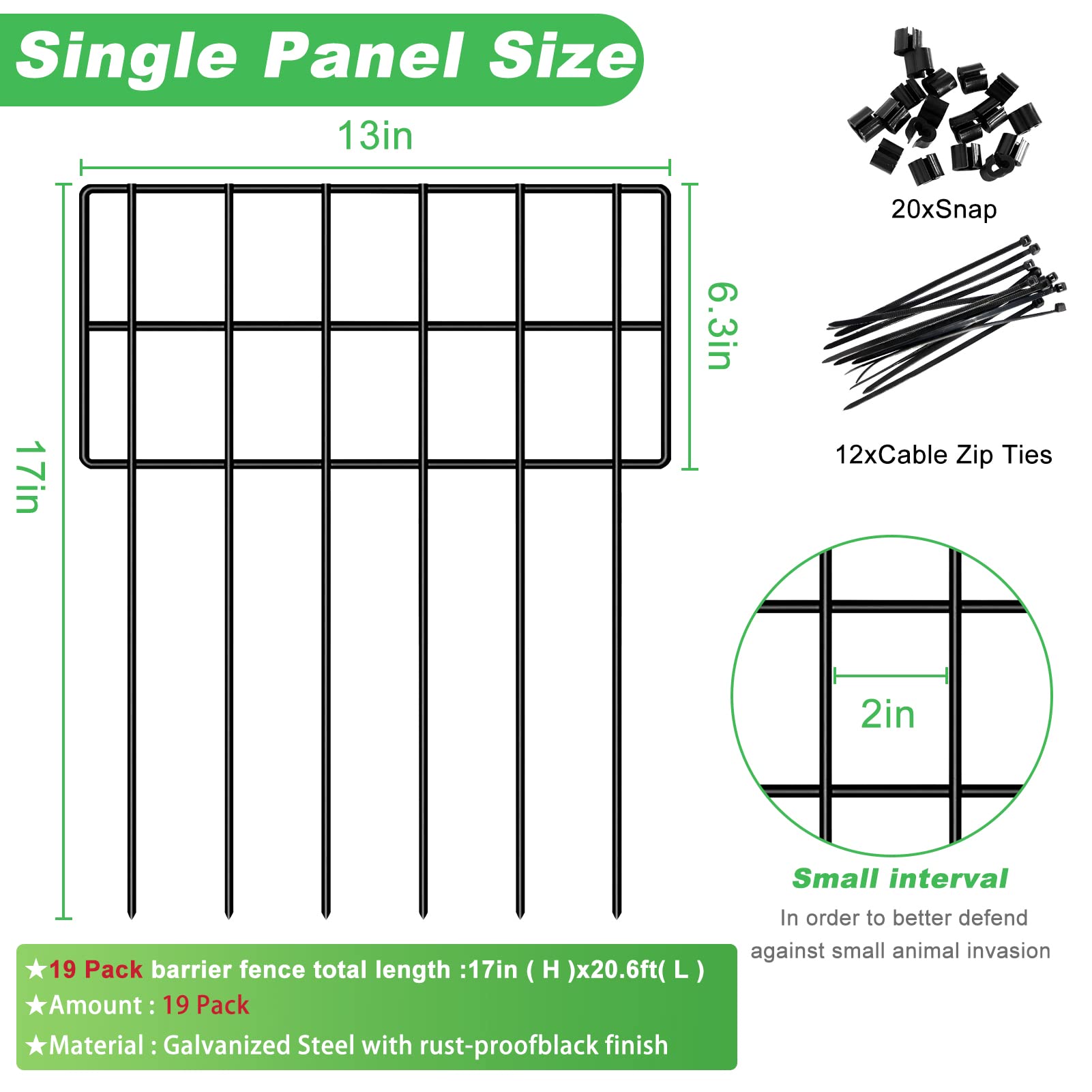 19 Pack Animal Barrier Fence No Dig,17 in(H) X 20.6 Ft(L) Animal Barrier Fence with 2 Inch Spike Spacing, Rustproof Metal Wire Garden Fence Border for Dog Rabbits Ground Stakes Defense
