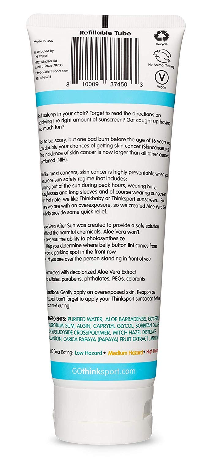 Thinksport Kids Aloe Vera After Sun Relief Gel EWG Verified Natural After Sun Skincare for Face Body Hydrating Soothing Moisturizing Sunburn Solution for Children, 8 Ounce : Beauty & Personal Care