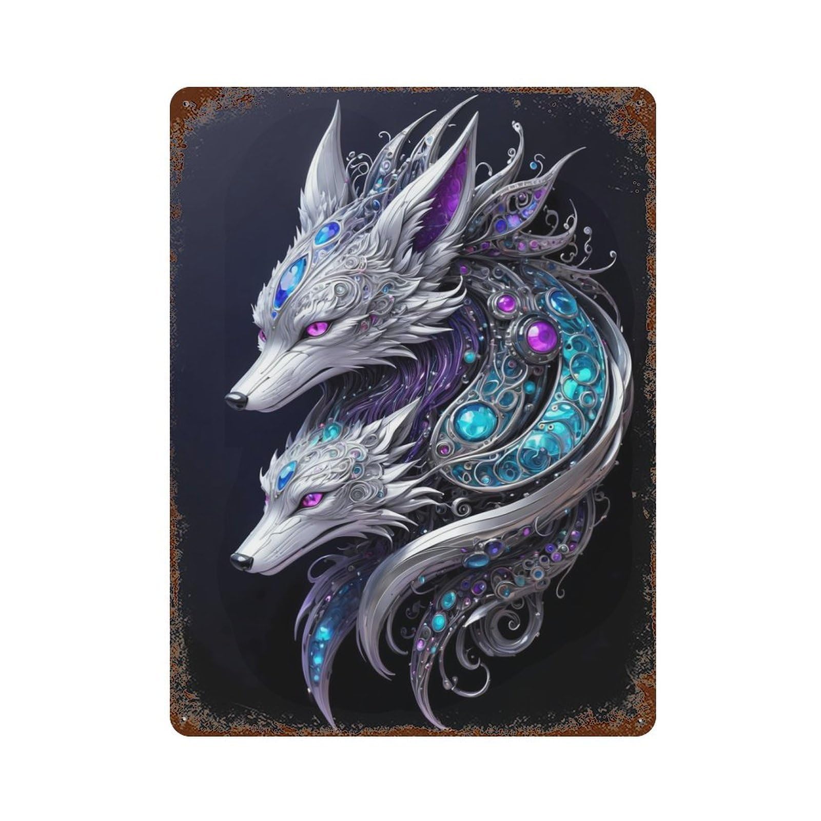 Retro Metal Sign with Dual Spirit Foxes Design 15.7"x11.8", for Pub, Kitchen And Man Cave Decor, Rustic Home Decor