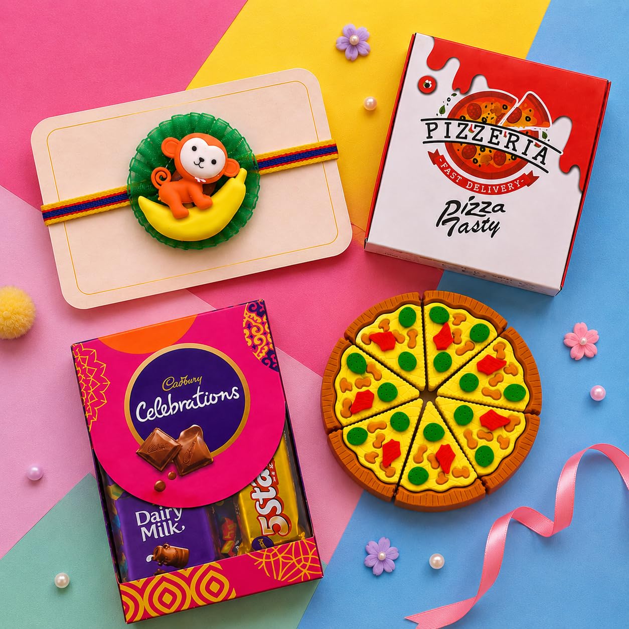 CLUZE Kids Rakhi Gift Hamper – Monkey Eraser Rakhi with Chocolates and Pizza Eraser Gift Box for Girls Boys-image-48