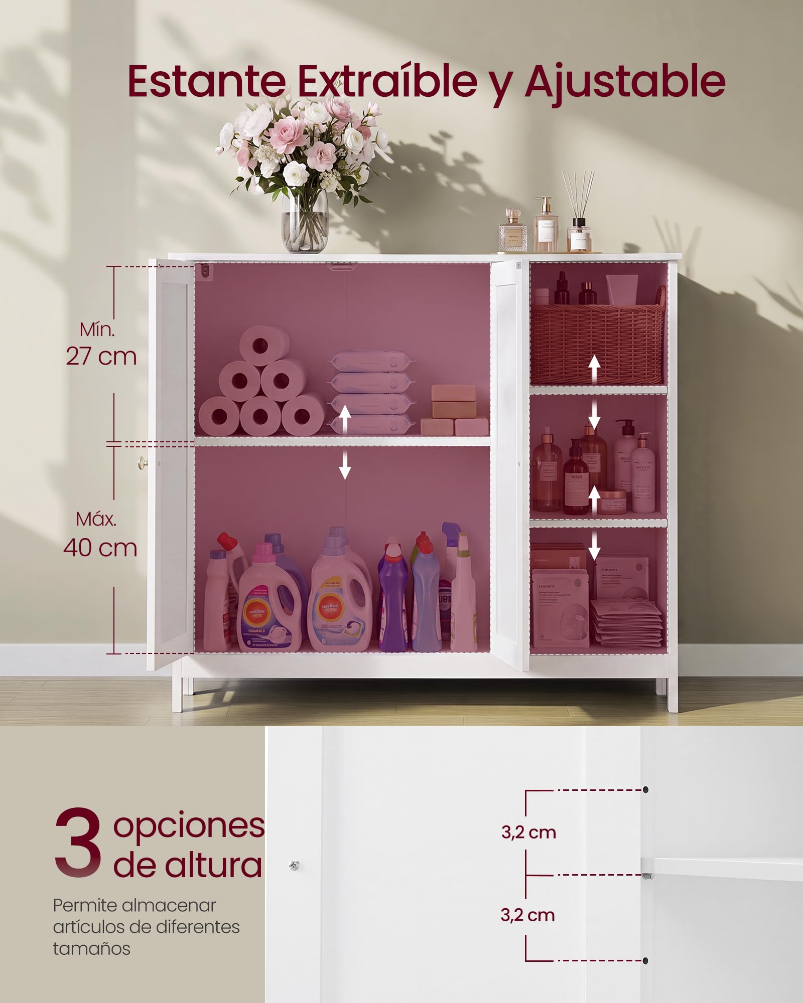 VASAGLE Mueble de Baño, Armario de Suelo de MDF con 2 Puertas y 3 Estantes Abiertos, Estantes Ajustables, 90 x 30 x 80 cm, para Baño, Salón, Blanco Nube, Colección Siren BBK070WB01