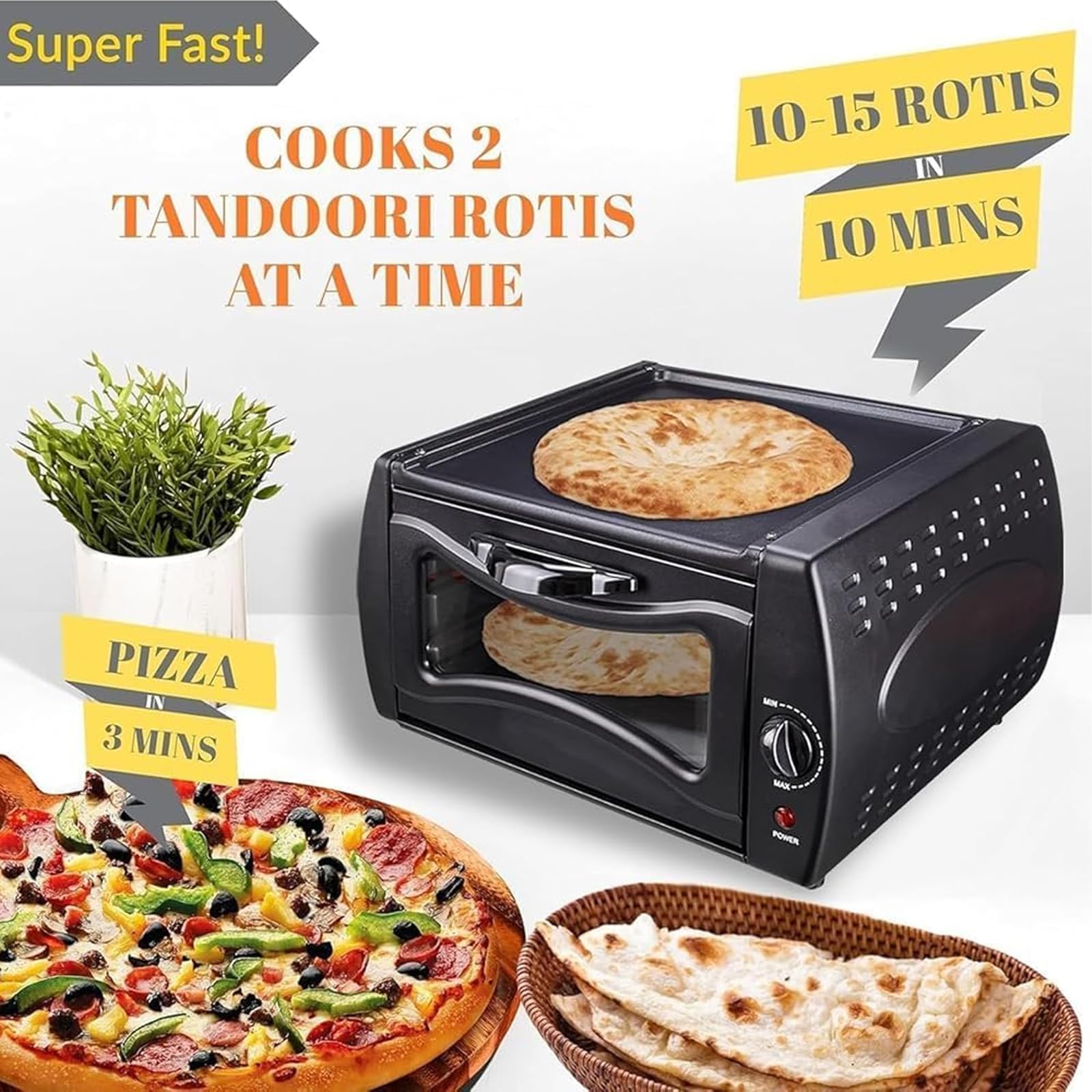 Elektryczny piekarnik Tandoor, mini piekarnik na blacie z blachą do pieczenia i siatką do pieczenia, regulowana temperatura 48.9 °C-398.9 °C, Roti Maker do domowej kuchni