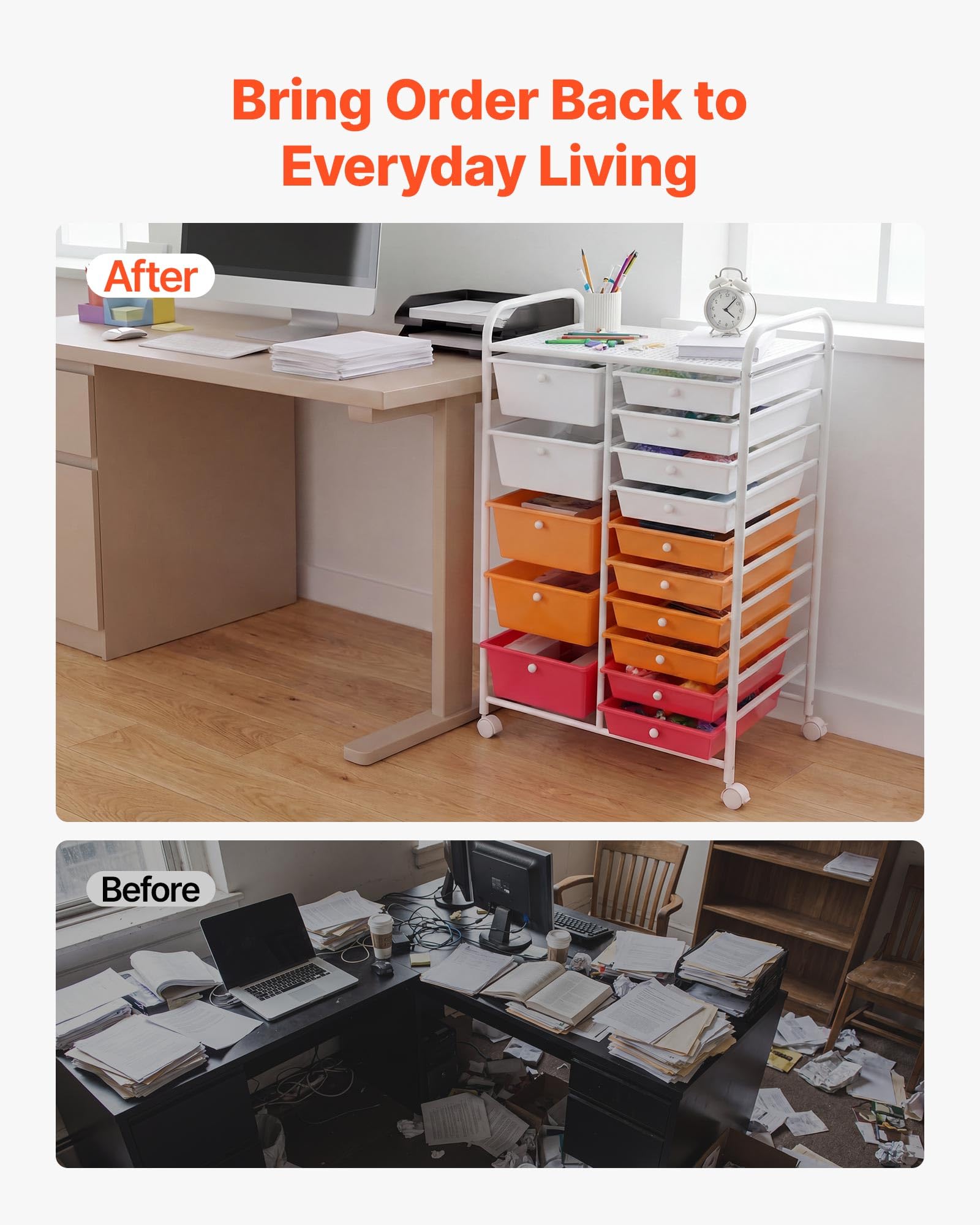 VEVOR Carrello Multiuso con Cassetti, Organizer a Doppia Fila con 15Cassetti, Carrello Portaoggetti, Telaio in Acciaio Verniciato, Ruote Girevoli a 360° con 2 Freni, per Ufficio, Garage, Rosso Sfumato