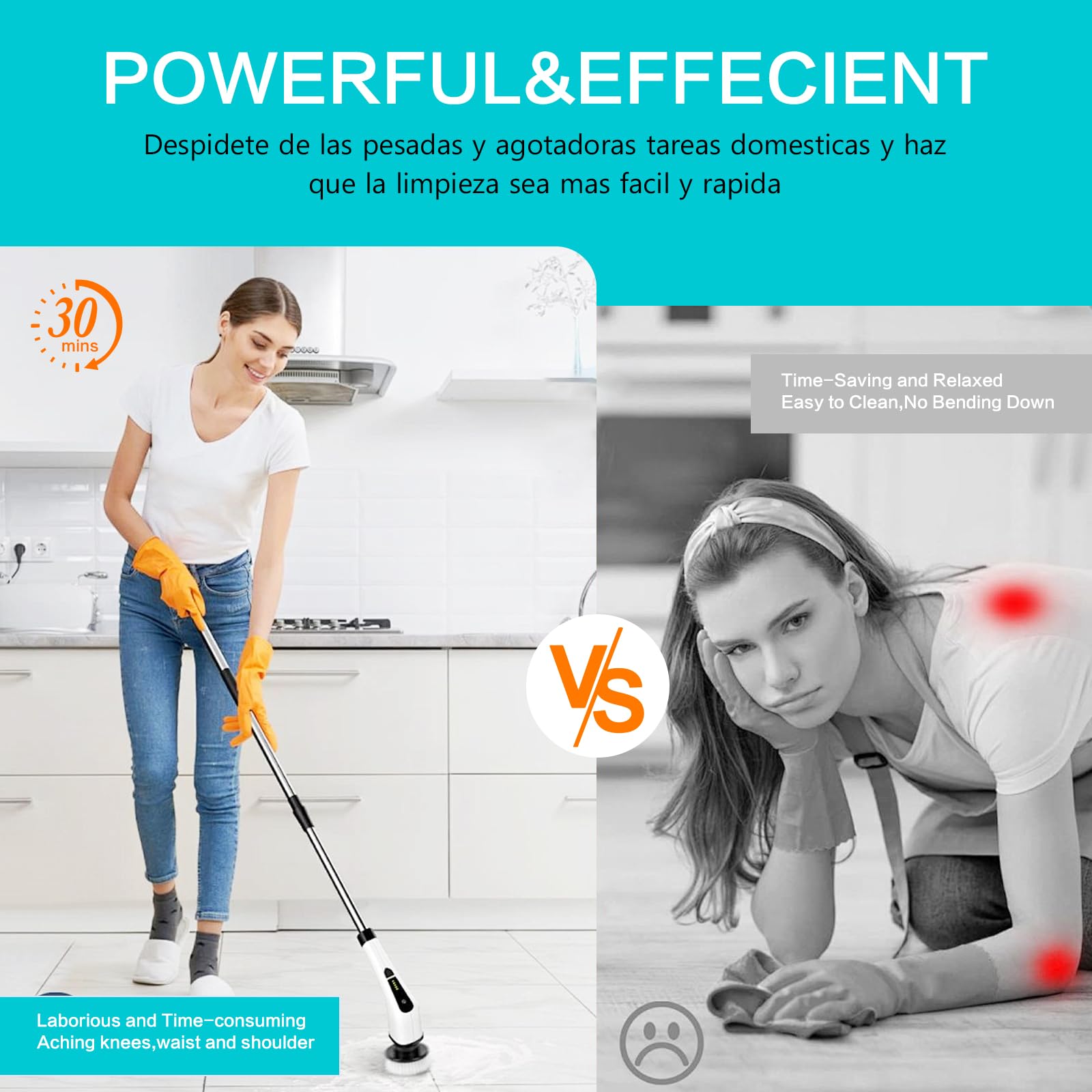 Cepillo de limpieza eléctrico inalámbrico, cepillo de fregar de microfibra para pisos de madera dura, con cabezal de cepillo de acero inoxidable y cable de carga USB (blanco)
