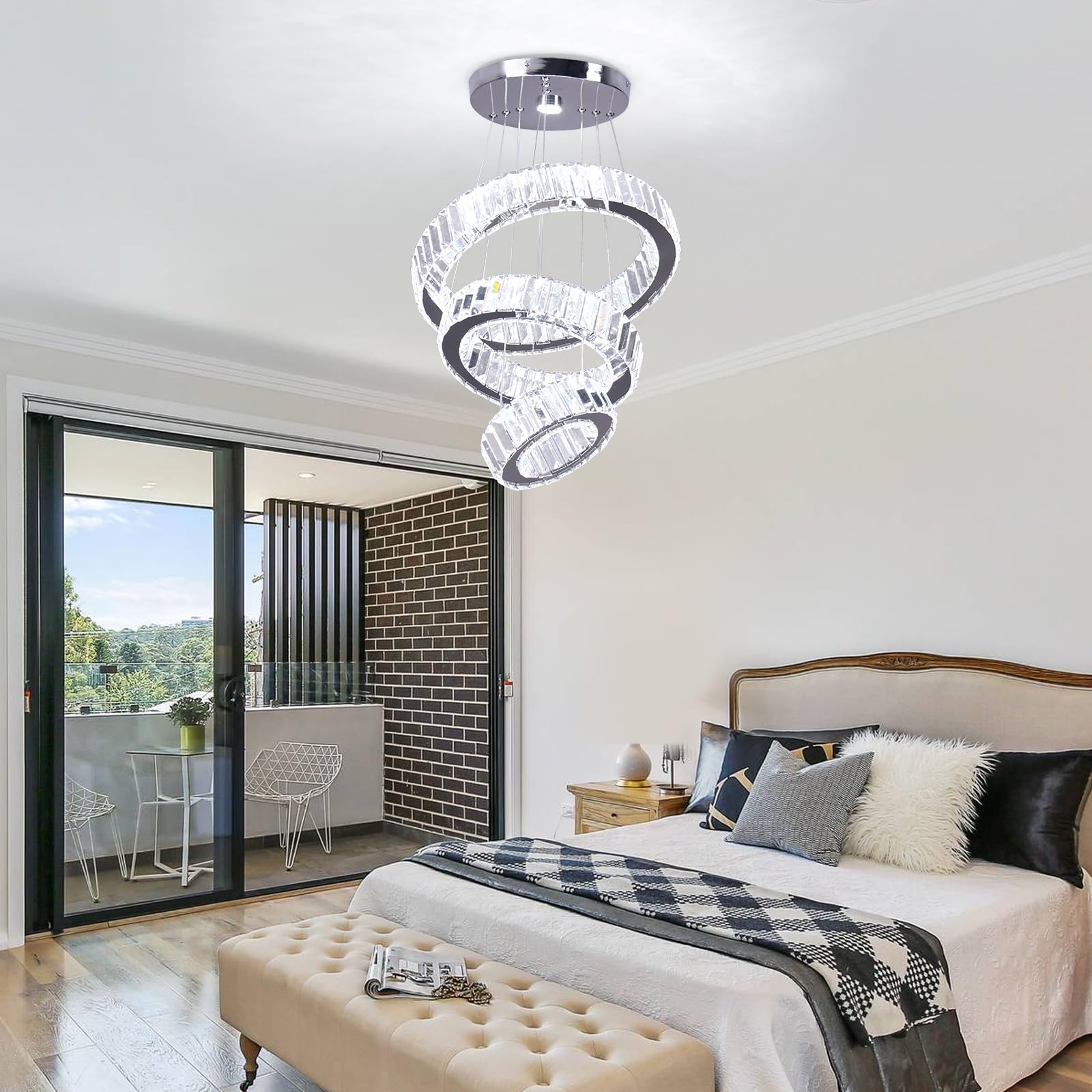 FRIXCHUR Lampadario in cristallo a 3 anelli da soffitto a LED per soffitto alto, lampadario da appendere per camera da letto, sala da pranzo, soggiorno (6500 K) bianco freddo