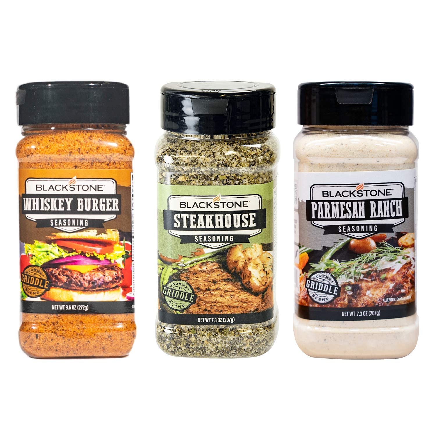 BBQ Seasonings and Rub Bundle - Blackstone Whiskey Burger Seasoning 9.6 oz, Steakhouse 7.3 oz, and Parmesan Ranch 7.3 oz with Coastal Cafe Dry Rub Tip Sheet (Whiskey Burger/Steakhouse/Parmesan Ranch)