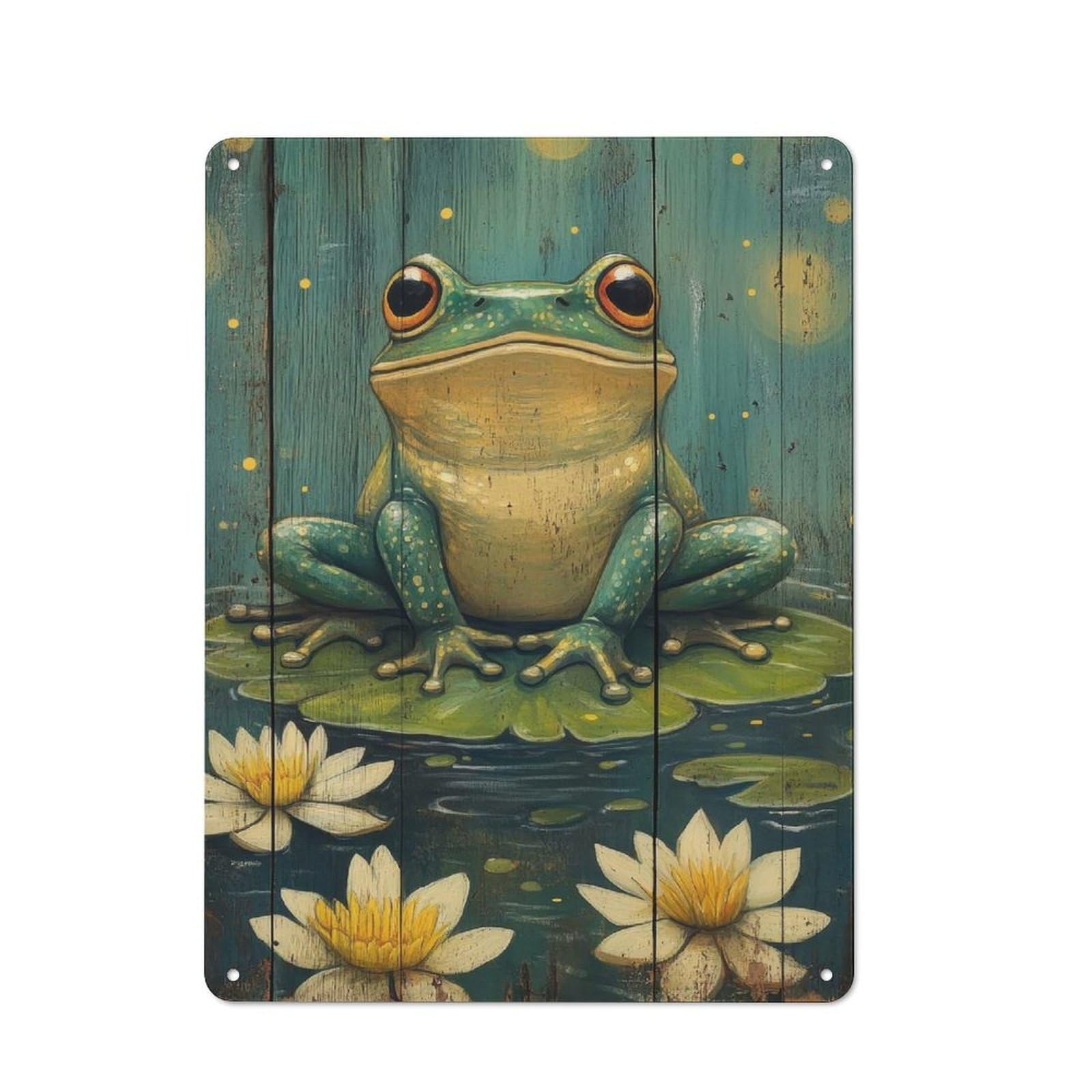 Junmoney Frog On Lily Pads Painting Frog On Rustic Wo Tin Sign With Od Design 40X30cm, Outdoor Room Porch Wall Decor For Greenhouse, Garden Room, Cafe Or Entryway