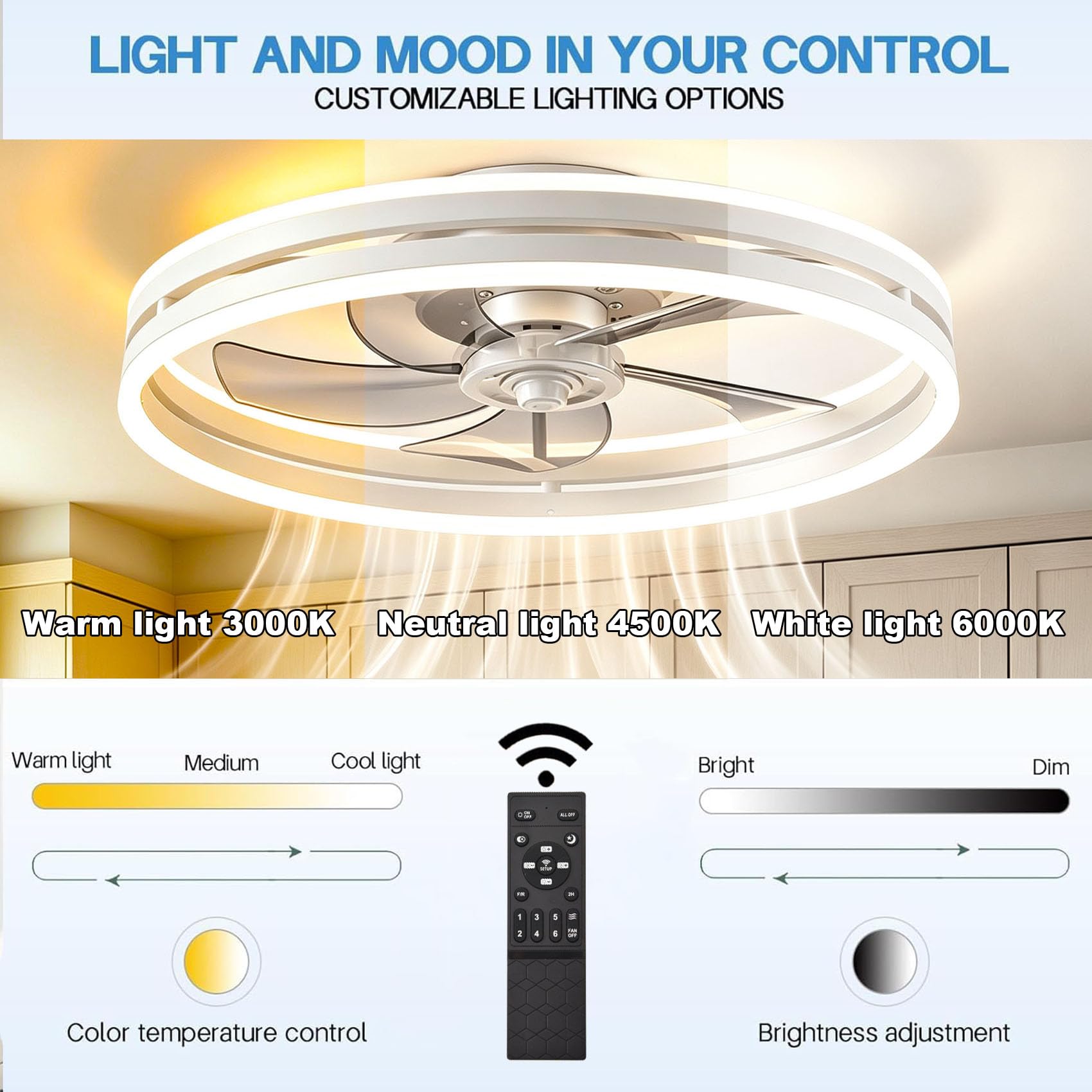LED Deckenventilator mit Beleuchtung Leise, Dimmbare Deckenleuchte mit Ventilator, Umkehrbare 6-Speed Lampe mit Ventilator, 5 Lüfterflügel, Timer deckenlampe mit licht(Bianco)