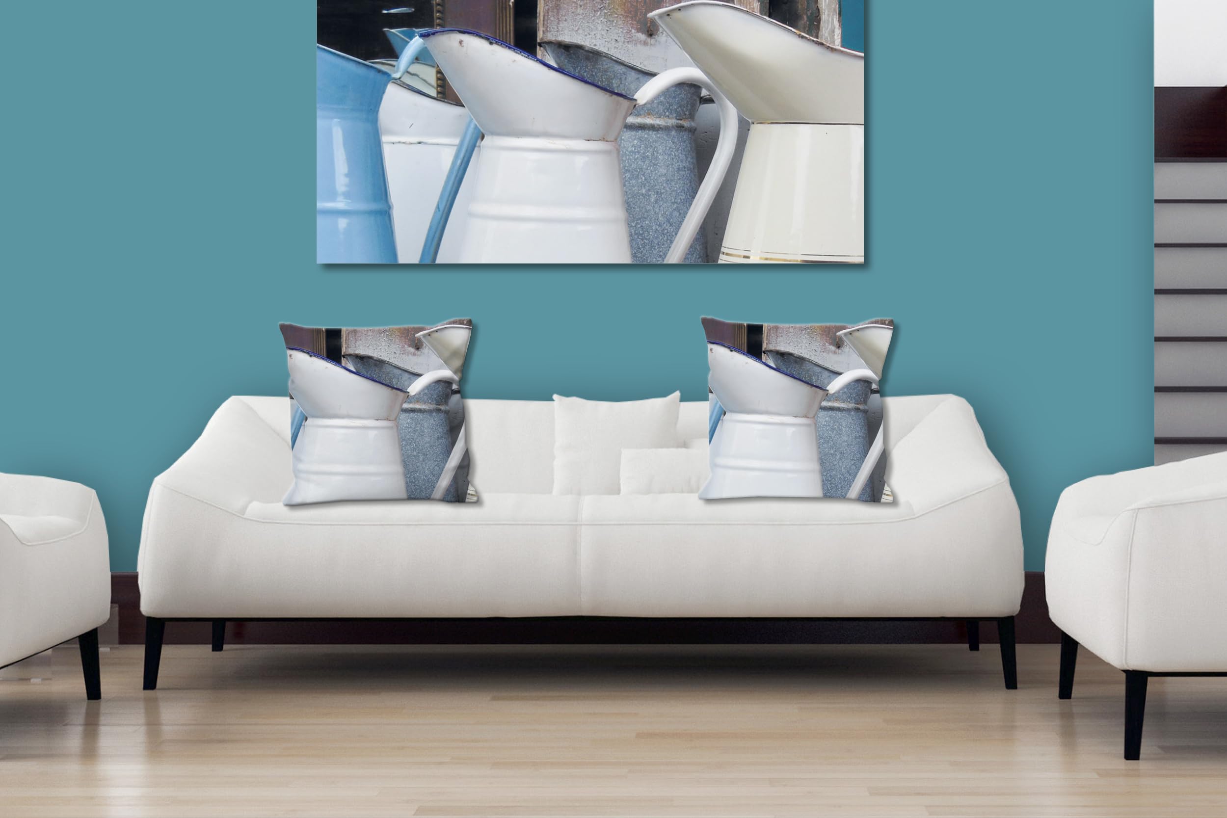 Kannen 1 - Foto-Kissen-Hülle Set (2 STK.) 40 x 40 cm | Kissen-Bezüge - passend zu Wandbild - Deko-Kissen - Küche Milch Milchkanne Geschirr Oma
