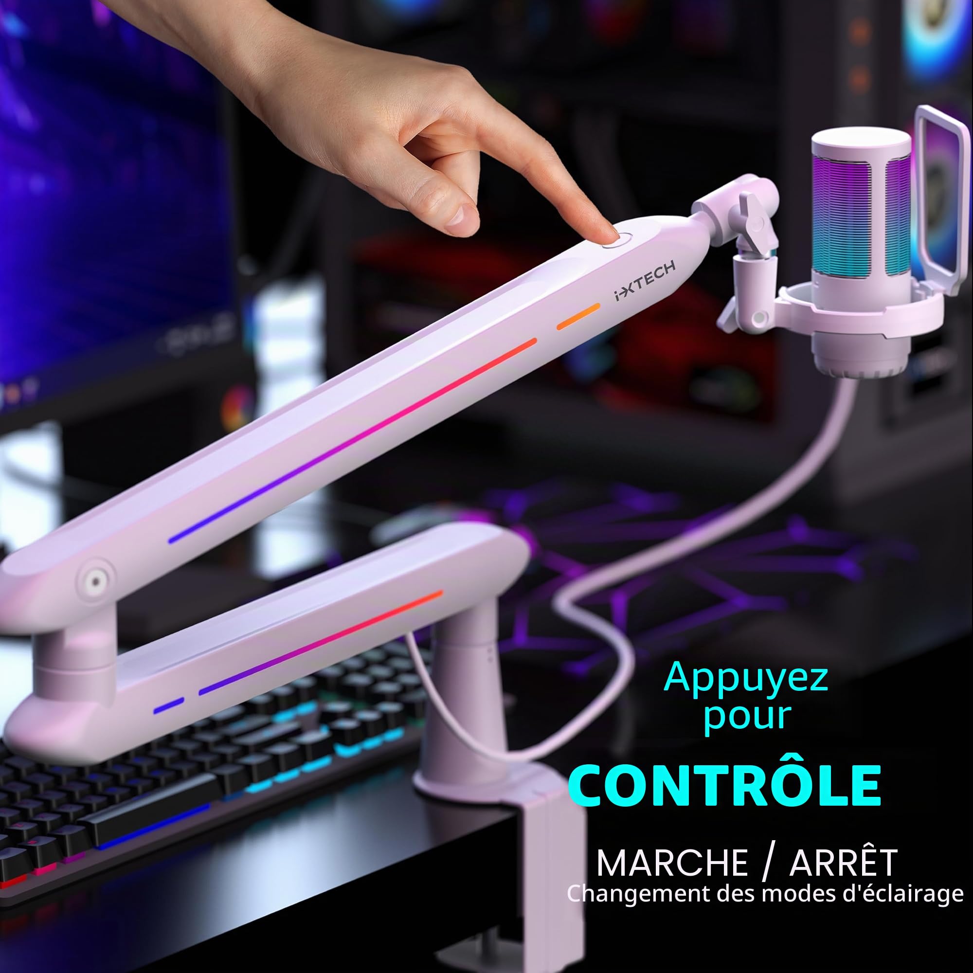 IXTECH Bras de microphone RVB à profil bas pour micro, support de microphone réglable avec pince de fixation de bureau, bras rotatif avec gestion des câbles pour podcast, streaming, studio de jeu