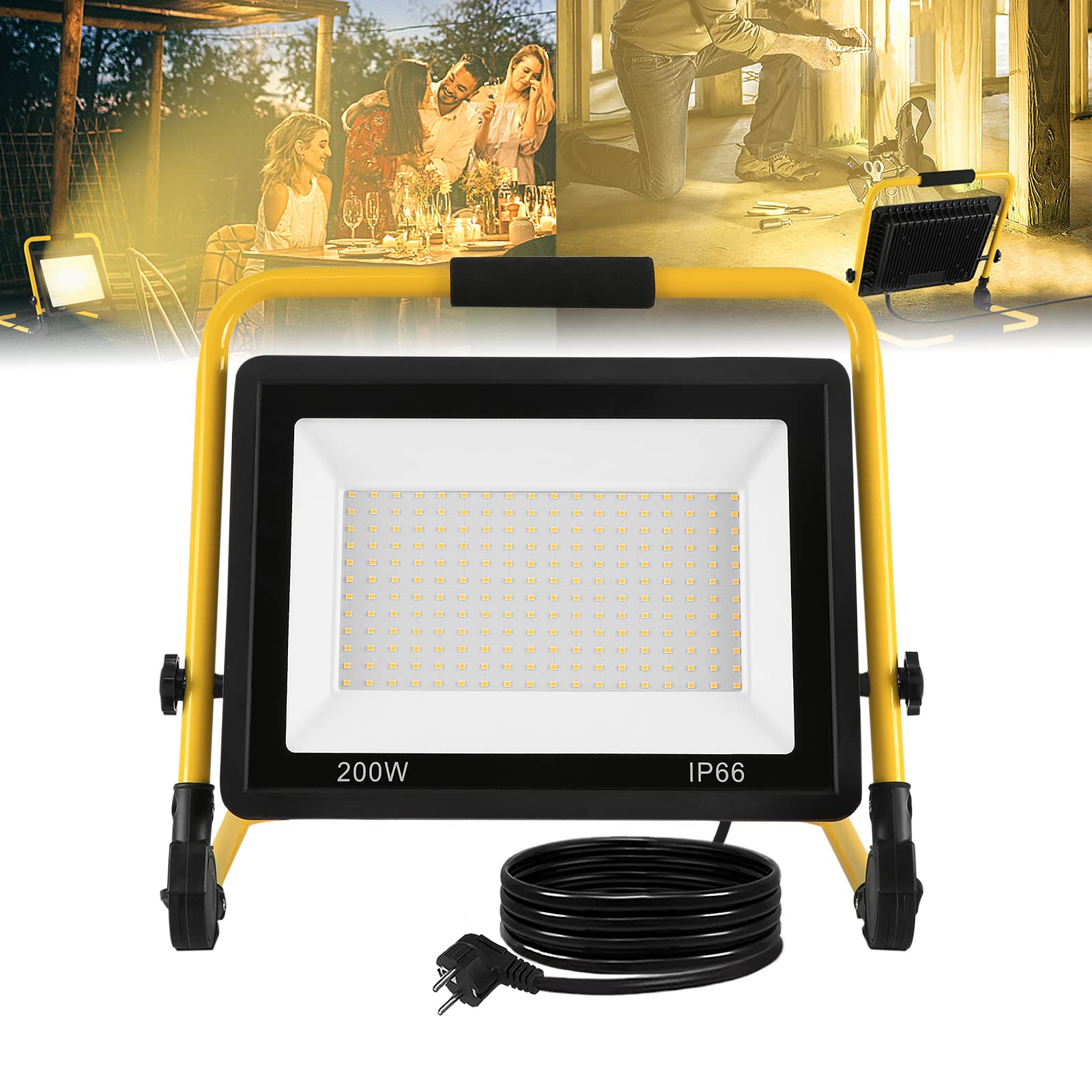 ACXIN Reflektor budowlany LED, lampa robocza LED do dekoracji wnętrz, placu budowy, warsztatu, ogrodu lub garażu, wodoszczelność IP66, ciepła biel, 200 W, 16000 lm