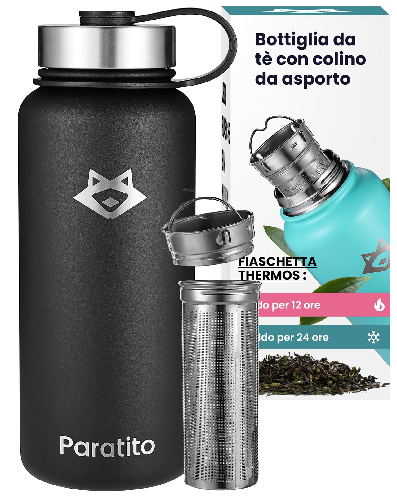 Bottiglia termica 1 litro in acciaio inox con colino per tè, ideale come termos caffè e teiera con infusore e Borraccia Termica per Tè da Viaggio - sfuse infusore tè - filtri per tisane