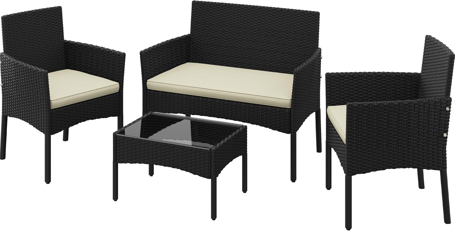 Yaheetech Patio Furniture Set 4 Pieces Conversation Sets, Rattan Chair Wicker Set Loveseat with Soft Cushion and Glass Table for Backyard Porch Garden Poolside Balcony, Black and Beige Yaheetech Patio Furniture Set 4 Pieces Conversation Sets, Rattan Chair Wicker Set Loveseat with Soft Cushion and Glass Table for Backyard Porch Garden Poolside Balcony, Black and Beige