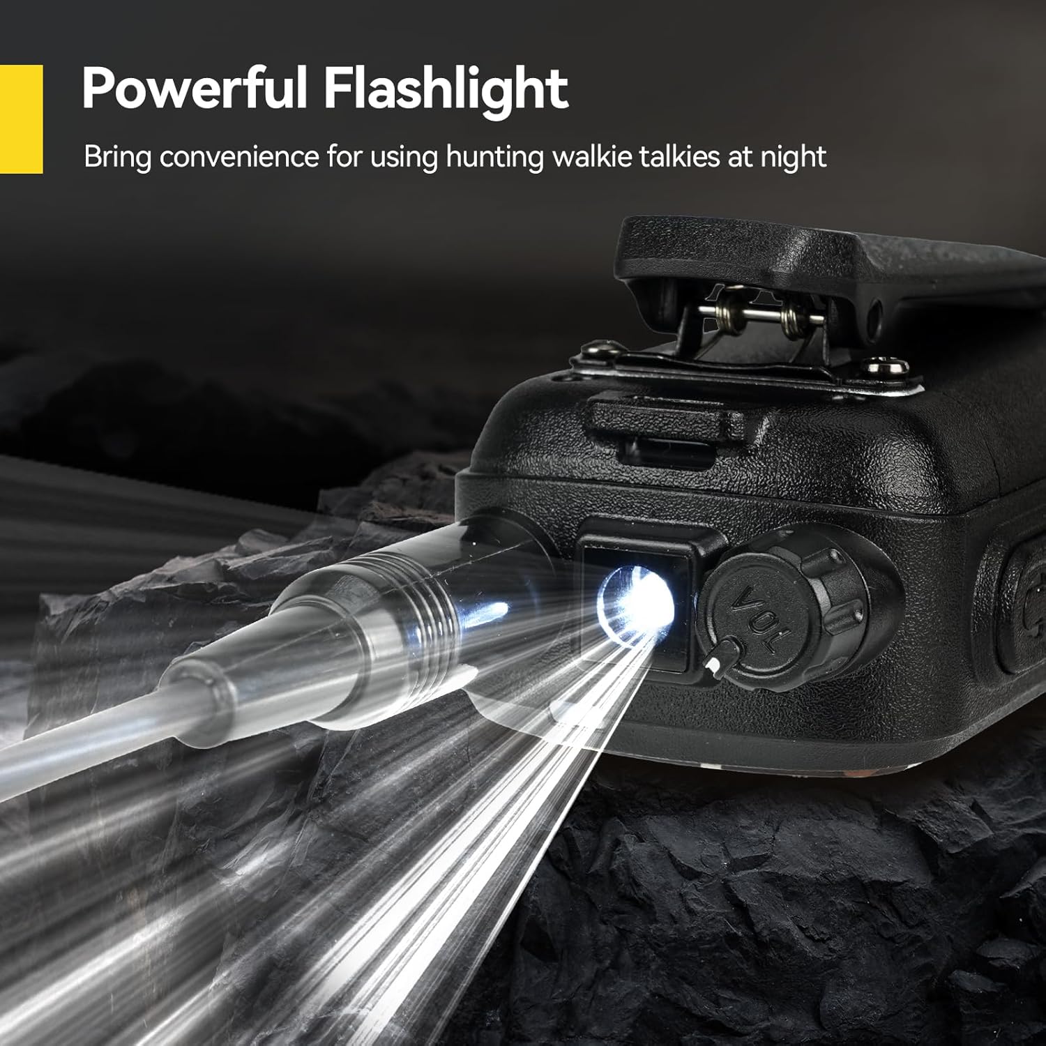 The top of the Retevis EZTalk 2 radio with its powerful flashlight illuminated, casting a bright beam.