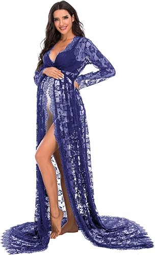 Miniatura 3 de ZIUMUDY Vestido largo de encaje transparente con cuello en V profundo y abertura frontal para fotografía con manga larga