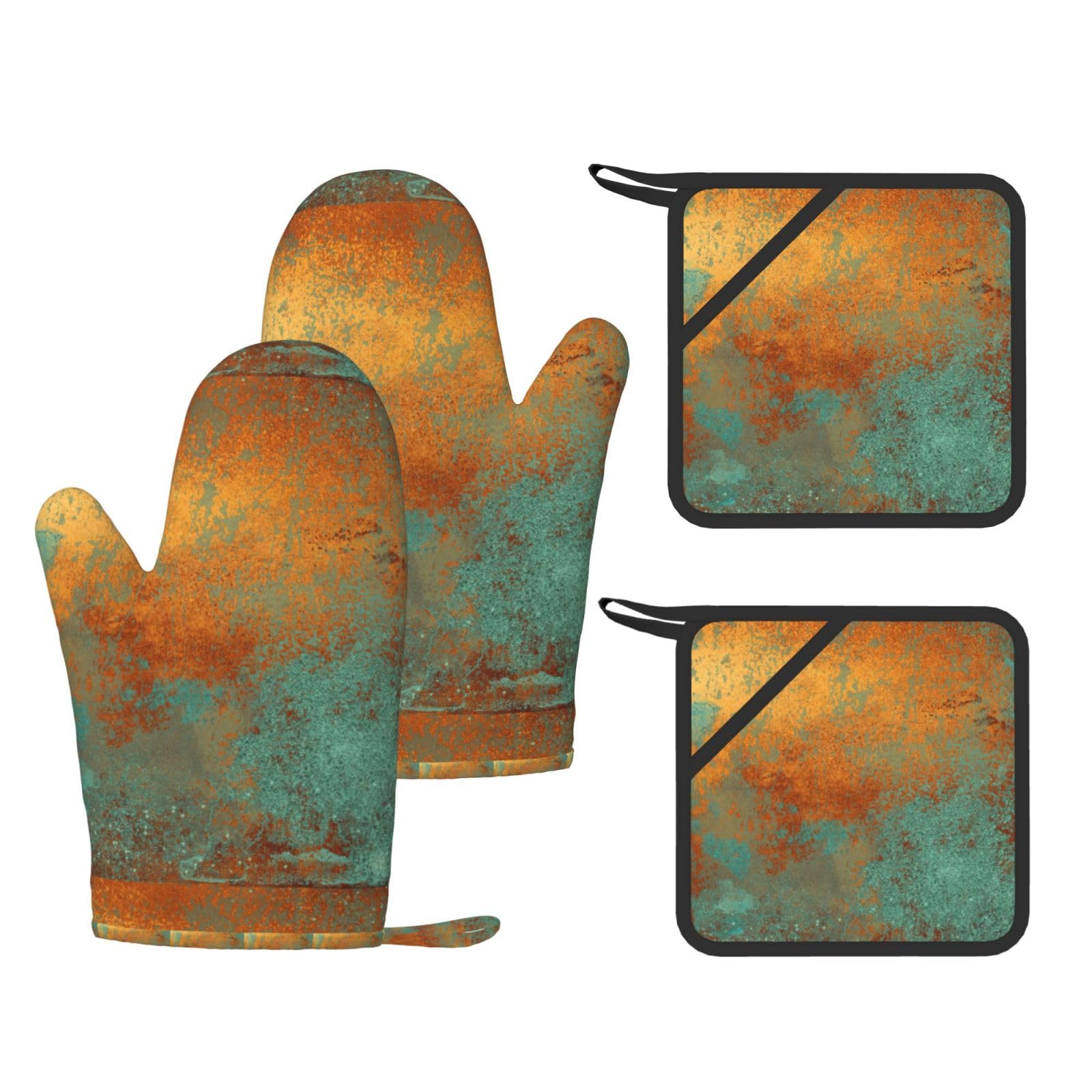 Juego de Cuatro Piezas de Guantes y Manoplas Resistentes al Calor para Hornear, Guantes de Cocina Antideslizantes, Manoplas para Horno, Elegante Acabado metálico con pátina de Cobre Intenso.