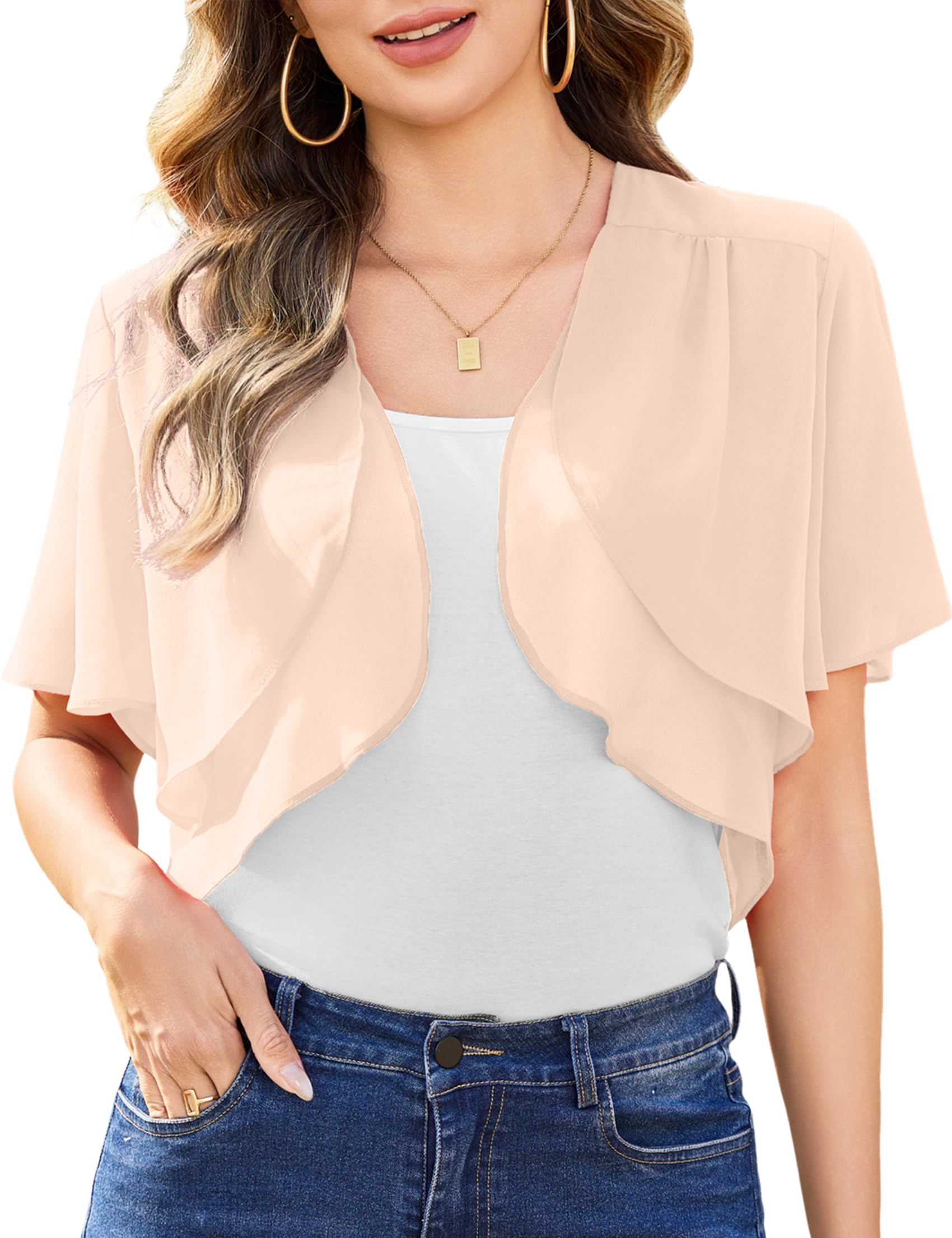 Aottori Damen Chiffon Bolero Festlich 3/4 Ärmel Elegant Shrug Top Kurze Strickjacke Cardigan Open Front Casual Bolerojacke Schulterjacke