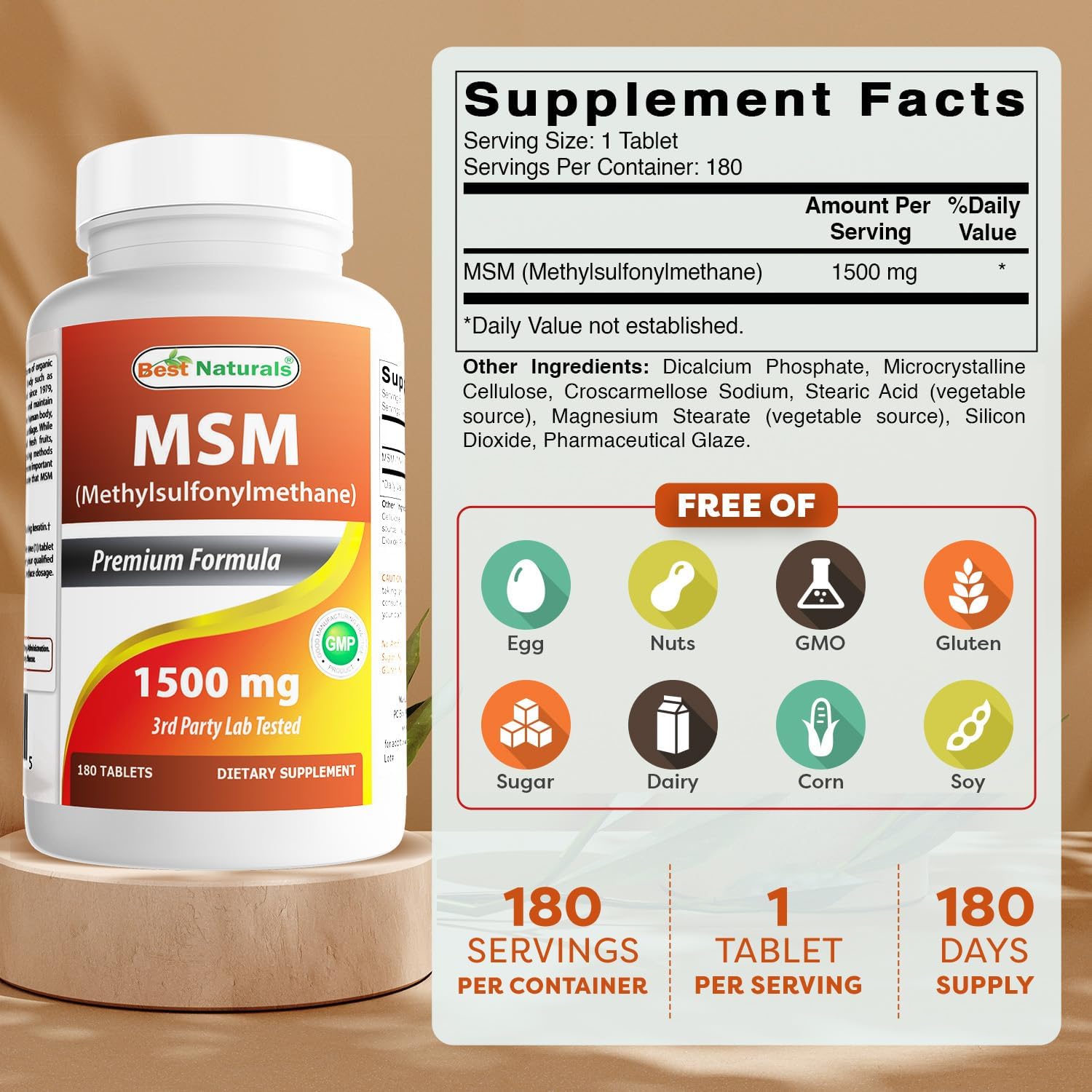 Best Naturals MSM 1500 mg 180 Tablets (Pack of 2)