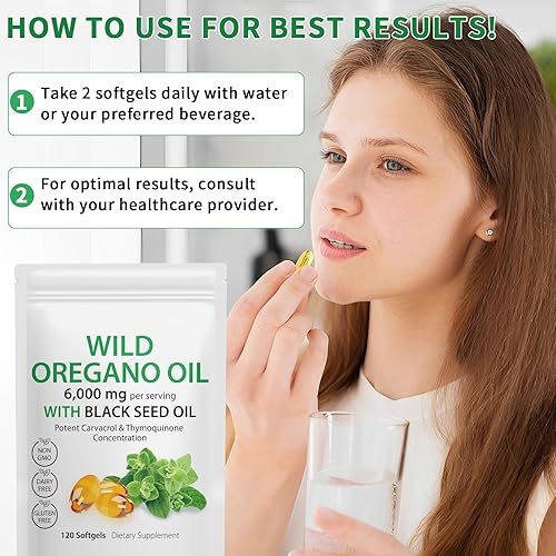 Miniatura 7 de Cápsulas de aceite de orégano, 240 cápsulas blandas, 2 en 1 6,000 mg de aceite de orégano silvestre con aceite de semilla negra suplemento de 200 mg