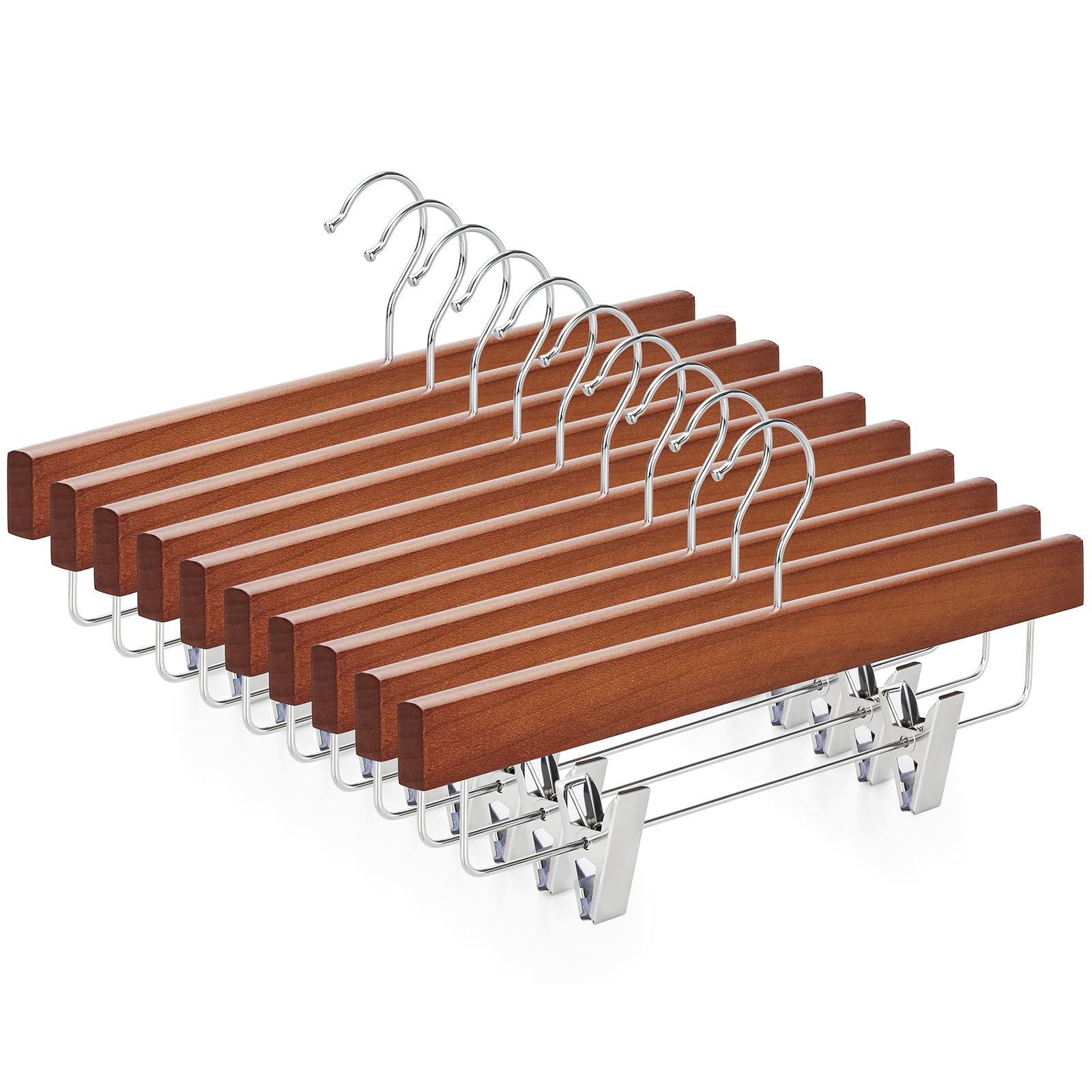 TOPIA HANGER Lotus Wood Pants Hangers, Walnut Wooden Skirt Short Jeans Trouser Hanger with Smooth Surface 360ยฐ Swivel Hook Anti Rust 2 Adjustable Clips, 10 Pack CT10PWA