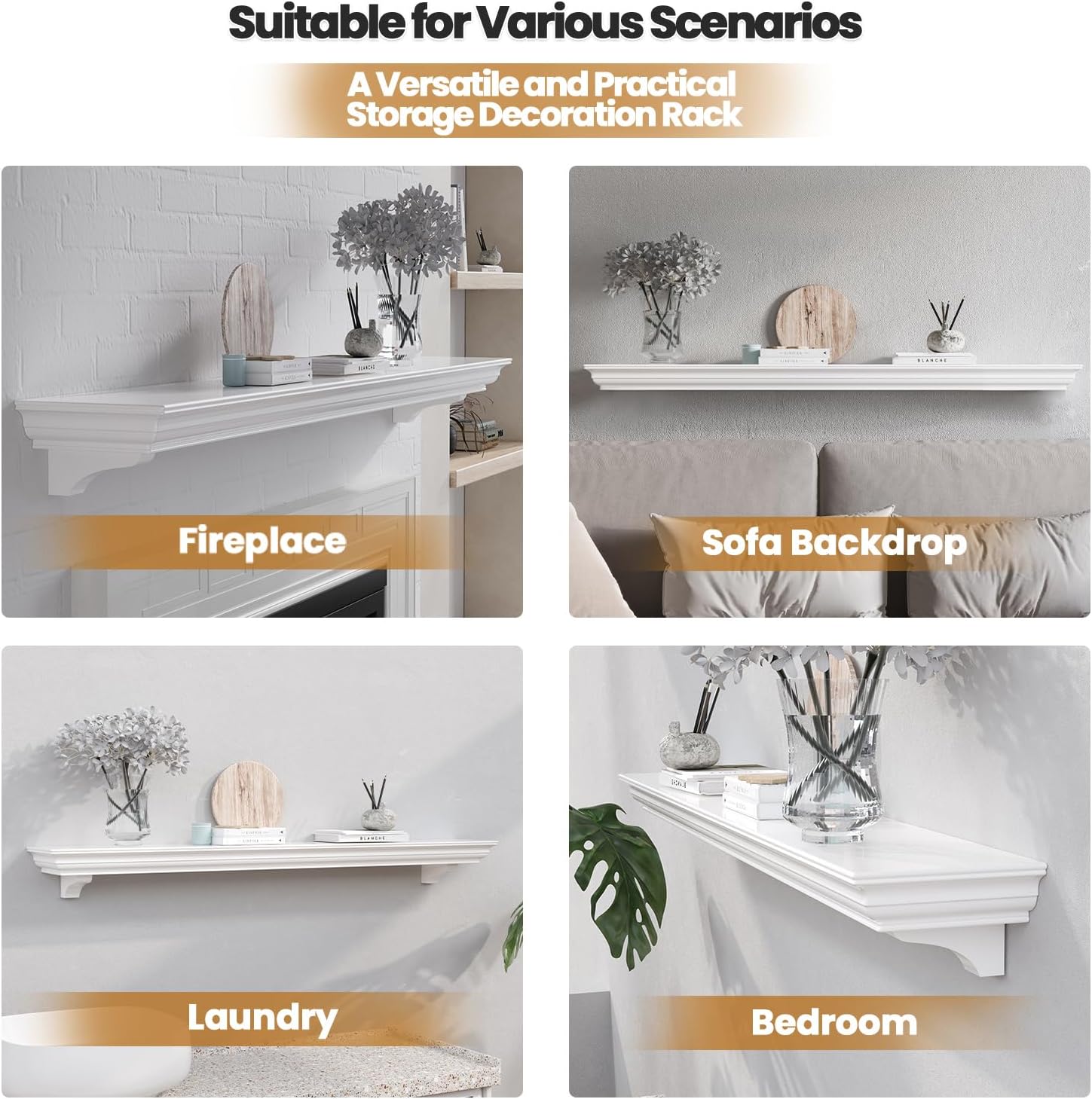 Fireplace Mantel with Invisible Heavy Duty Wood Bracket, Wall Mount Handcrafted Hollow Floating Mantel Shelf for Electric or Traditional Fireplace, Rustic Farmhouse Modern Style (60 Inch, White)