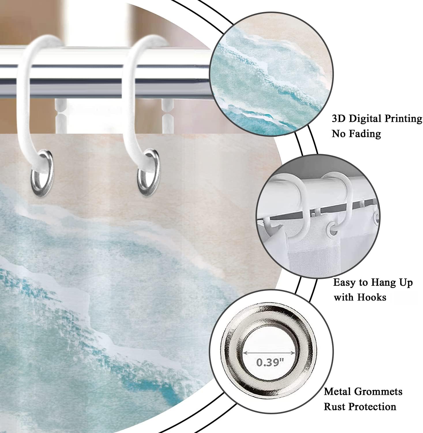 Beach Shower Curtain, Teal Blue Coastal Ocean Beach Theme Bathroom Curtain Waterproof Fabric Machine Washable with Hooks,72'' Wx78 L (GCI-10092)
