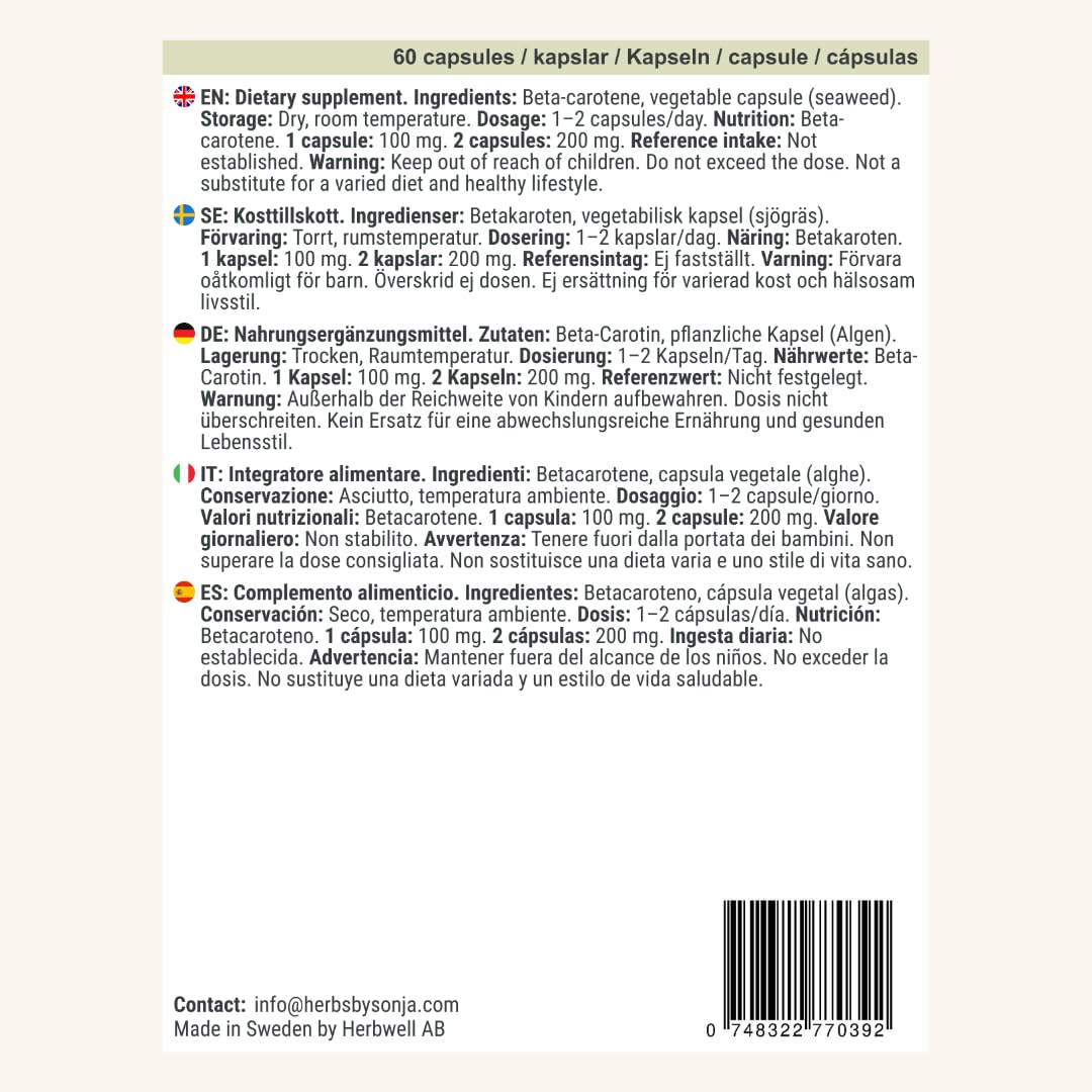 Beta Carotene 100 mg *60 Capsule - Beta Carotene Altamente Concentrato - Complesso di Beta Carotene che illumina il sole come acceleratore dell'abbronzatura