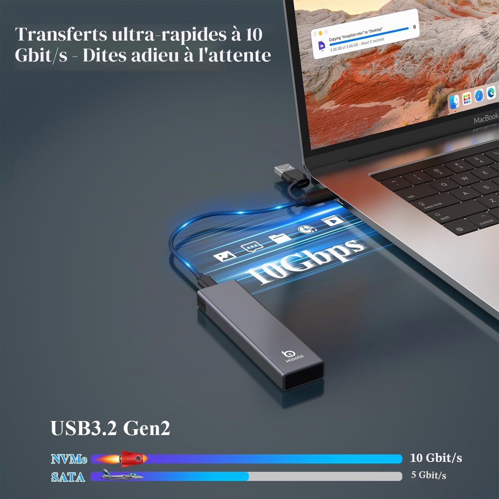 Boîtier SSD M.2 NVMe, USB 3.2 Gen 2 10Gbps Boitier NVMe Externe Adaptateur SSD M.2 NVMe PCIe M-Key/M+B Key 2230 2242 2260 2280 SSD Compatible avec iPhone MacBook Windows Linux UASP et Trim Gris