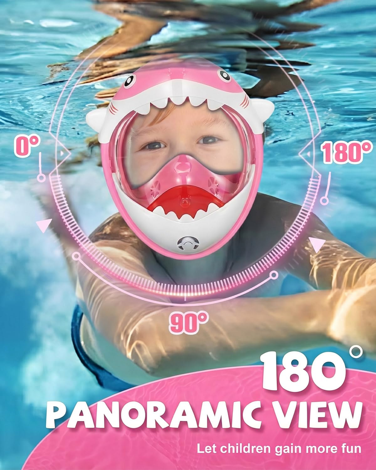 Máscara de esnórquel para niños, diseño de cara completa, vista panorámica de 180°, máscara de esnórquel para niños con sistema de parte superior seca, antivaho y antifugas, máscara de buceo